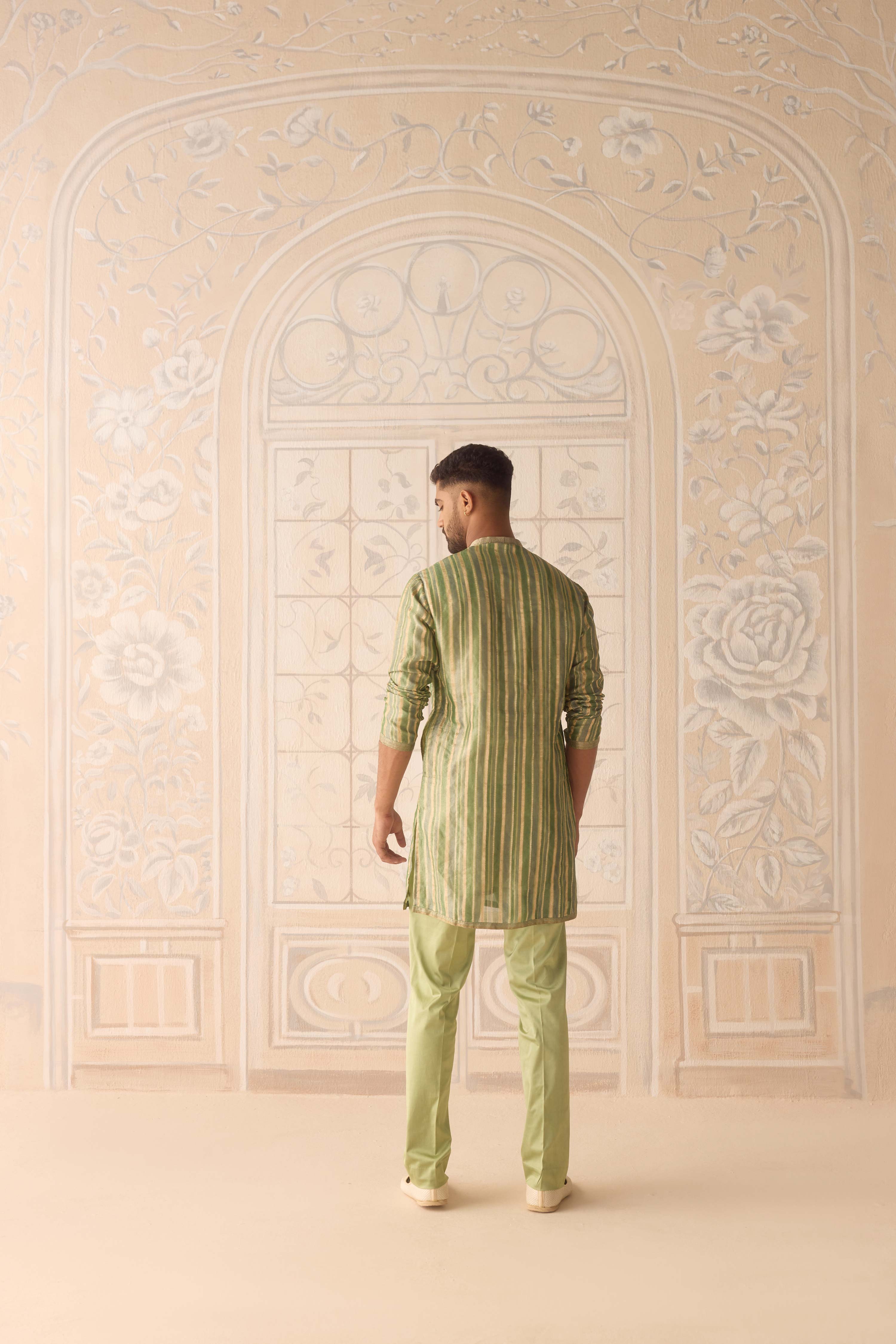 Hemlock green hand block printed silk brocade kurta and waistcoat