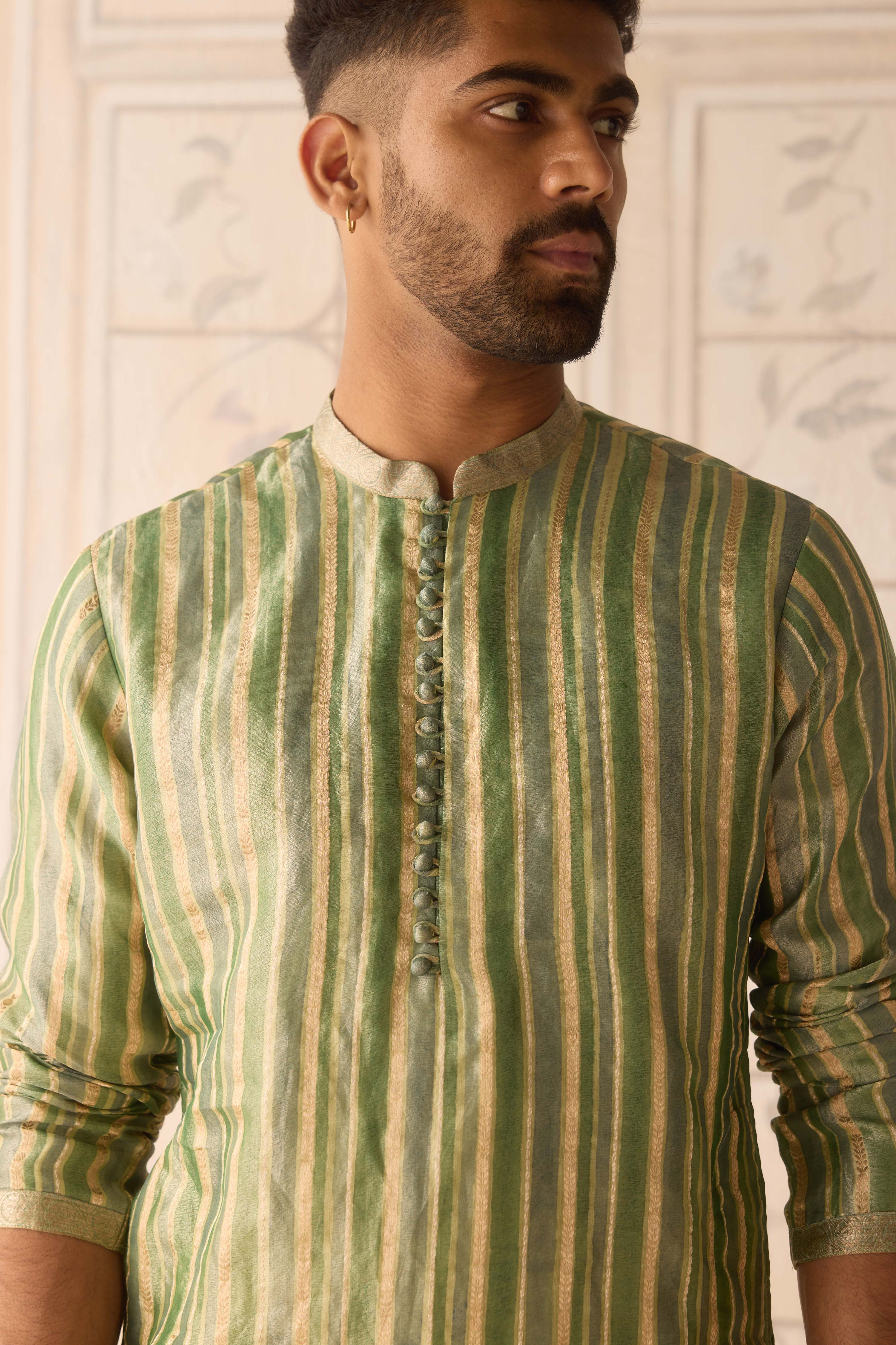 Hemlock green hand block printed silk brocade kurta and waistcoat