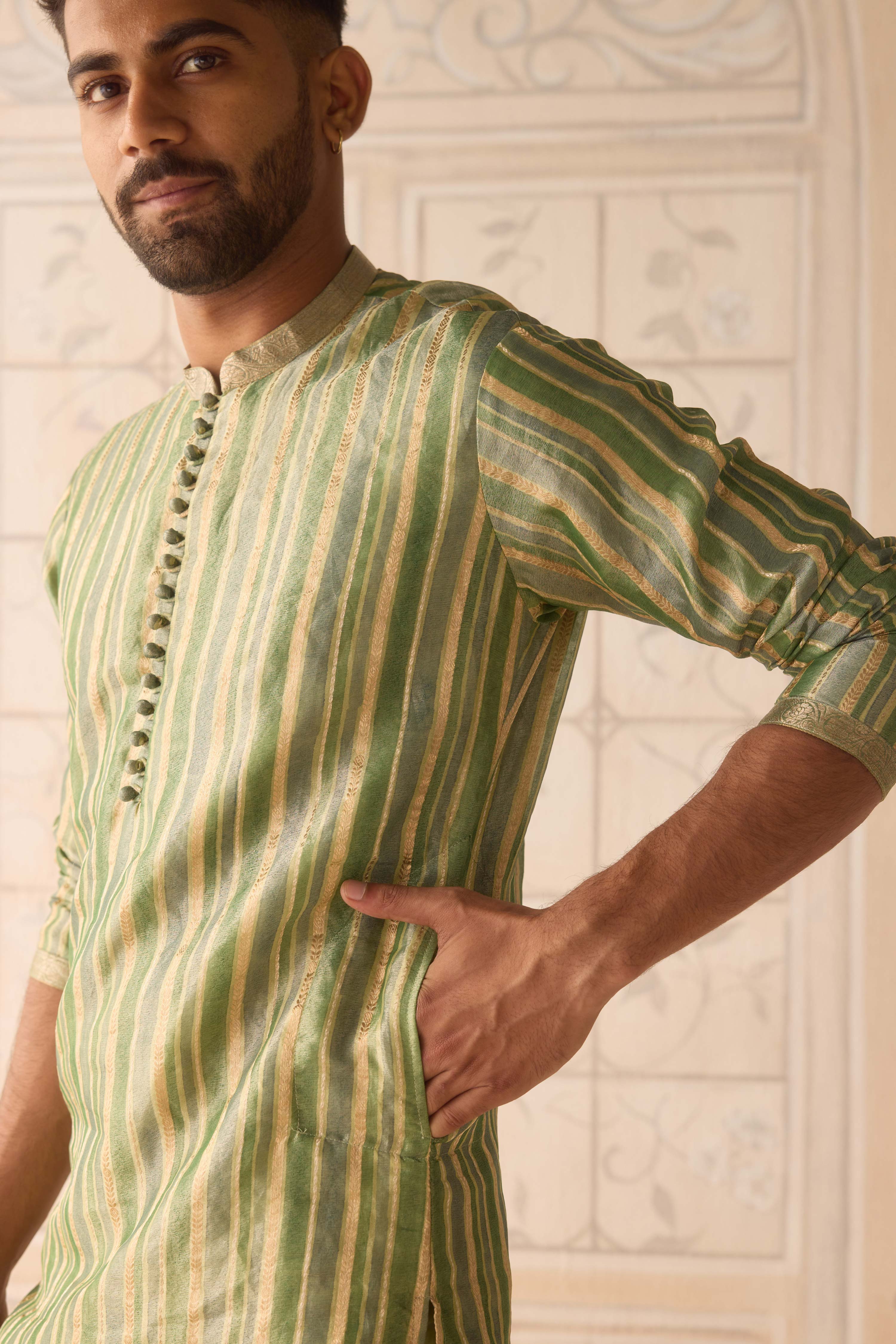 Hemlock green hand block printed silk brocade kurta and waistcoat