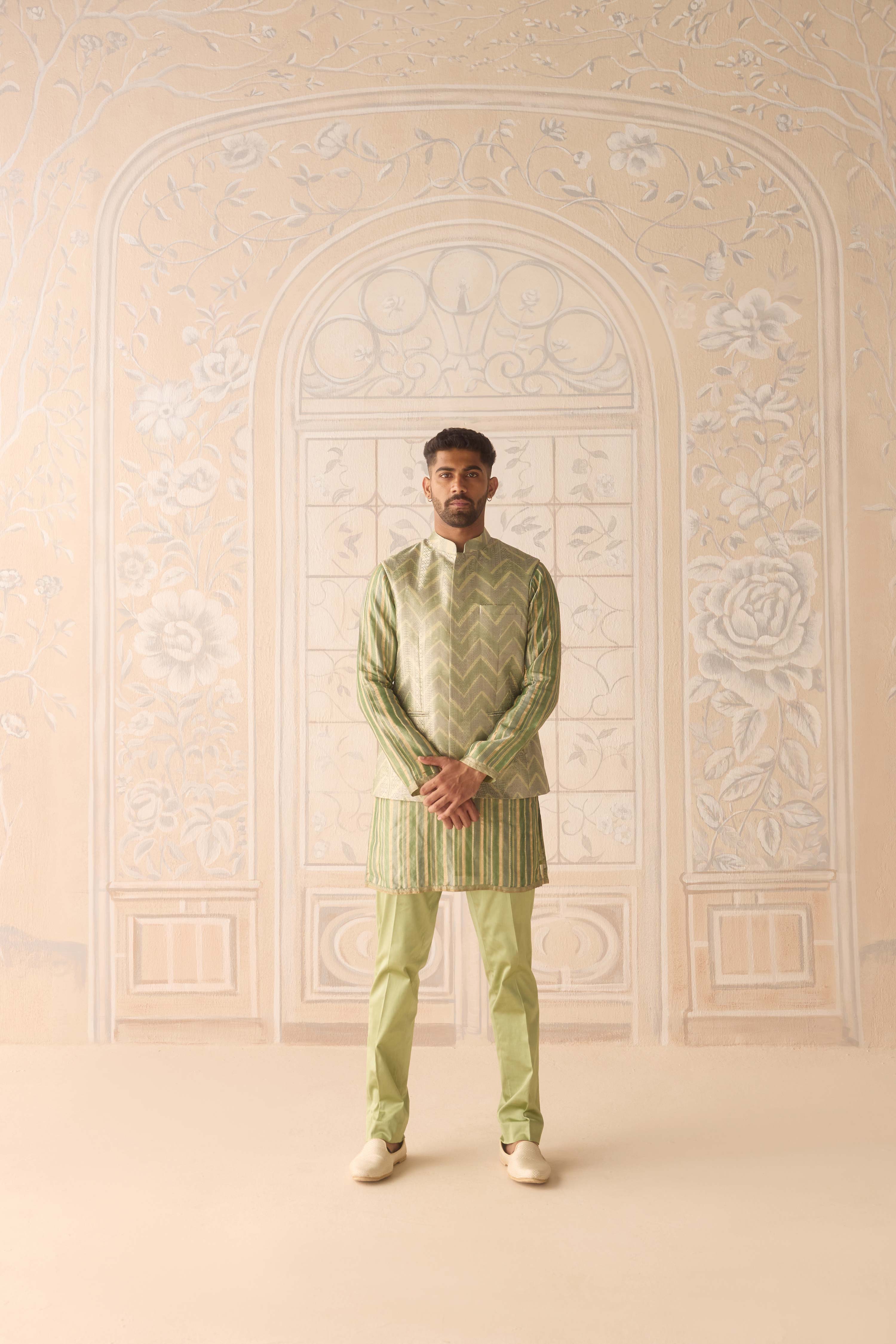 Hemlock green hand block printed silk brocade kurta and waistcoat