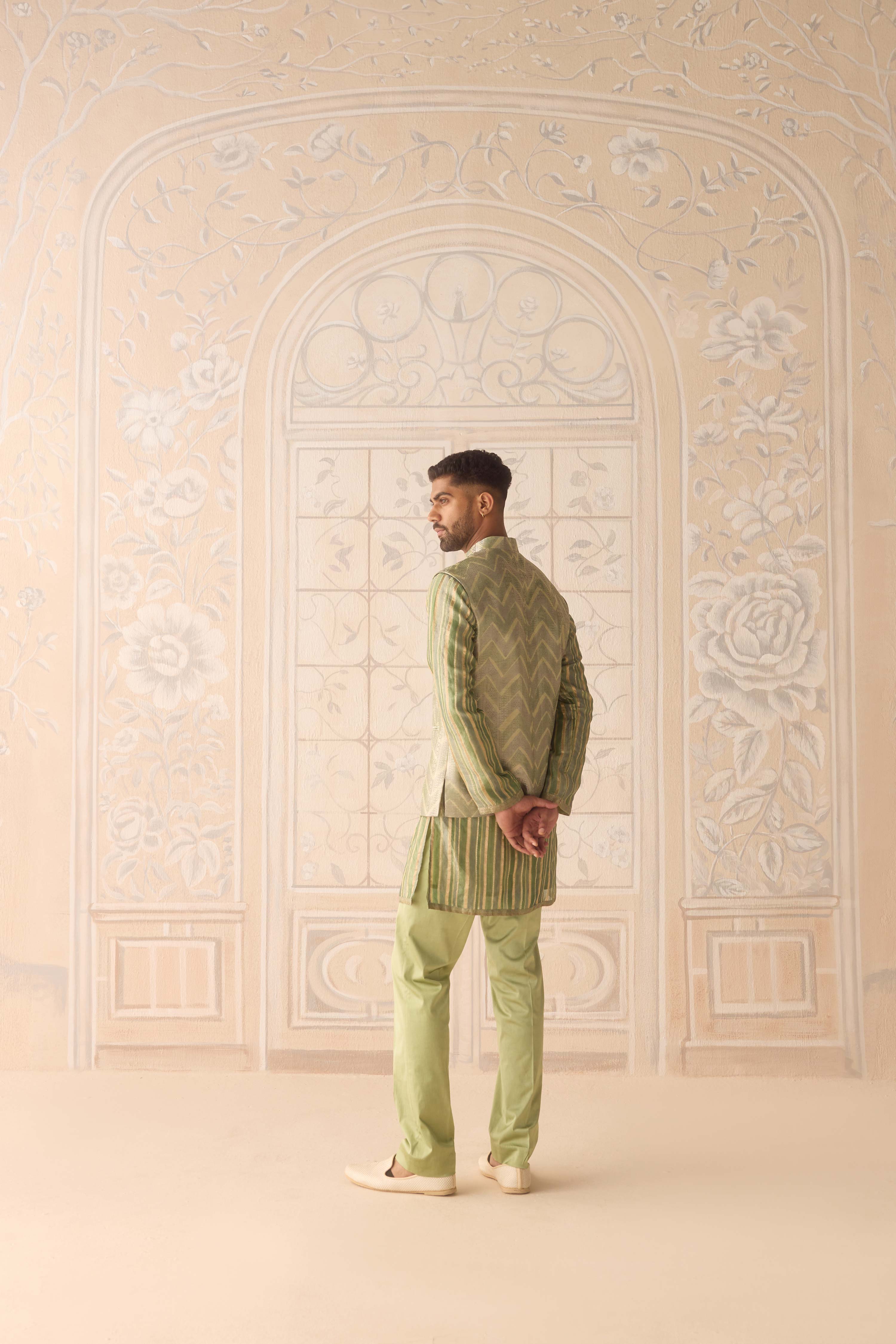 Hemlock green hand block printed silk brocade kurta and waistcoat