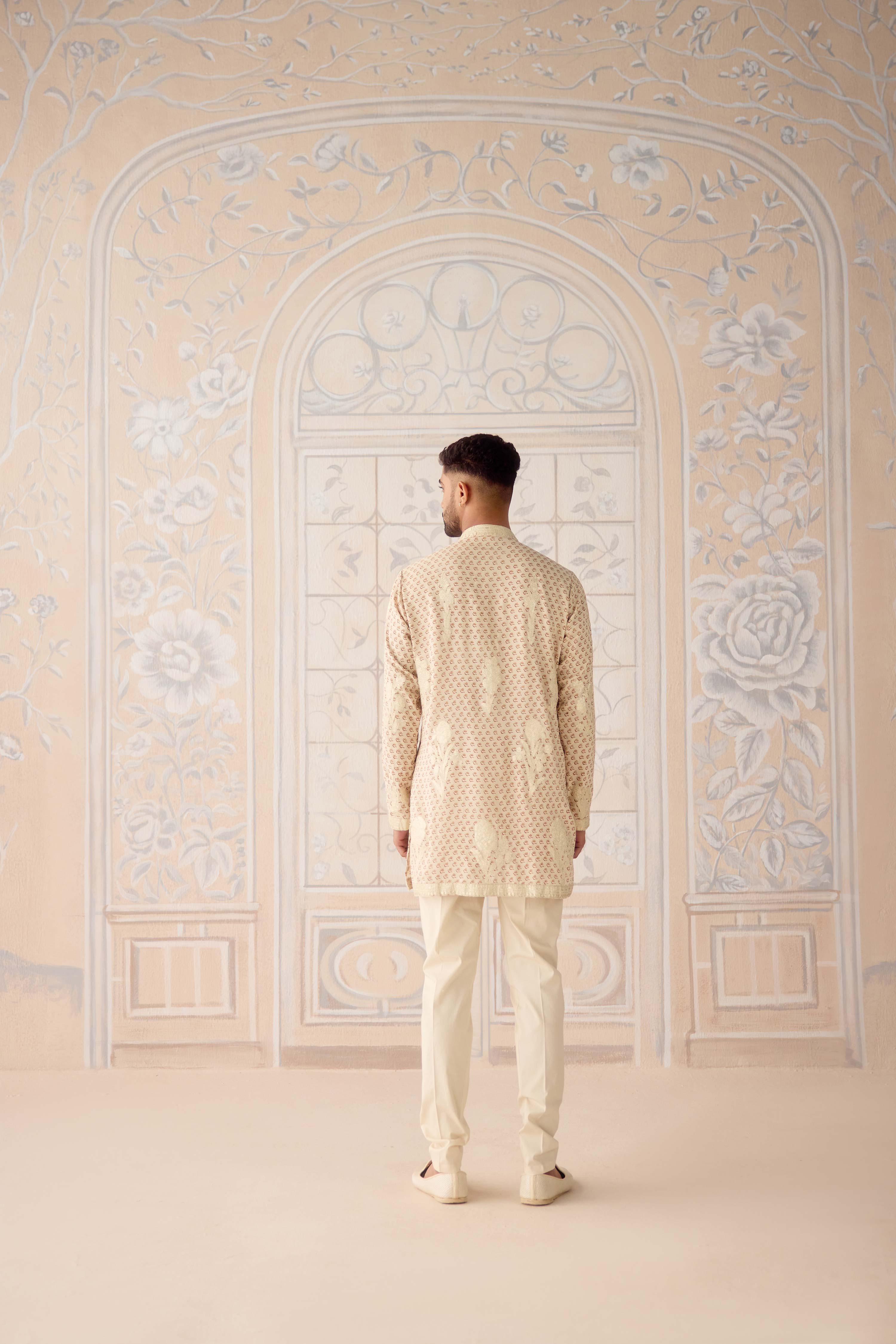 Antique white hand block printed cotton silk gold applique embroidered kurta with matching waist coat