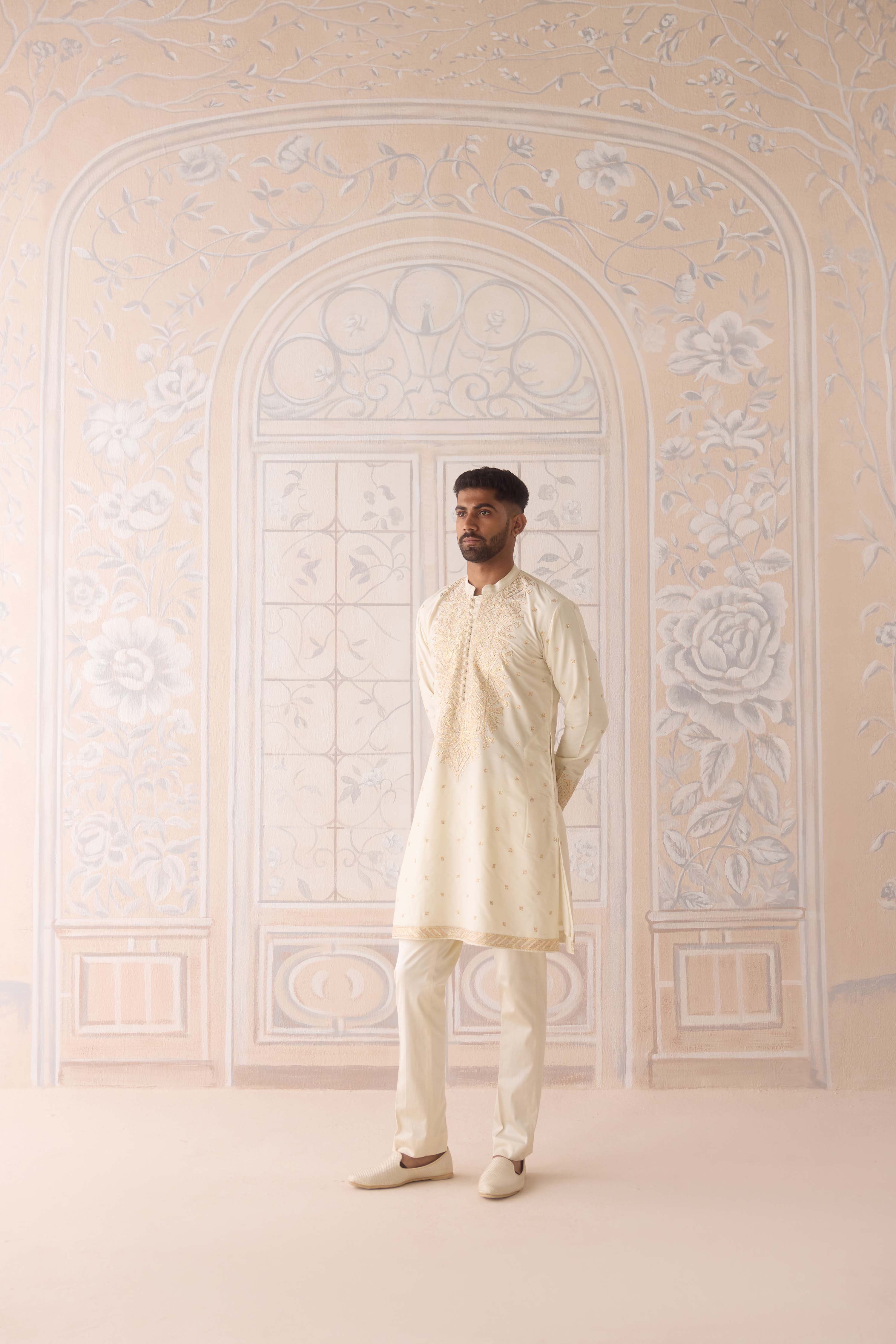 Egret off white gold dori and thread embroidered cotton silk kurta with trousers