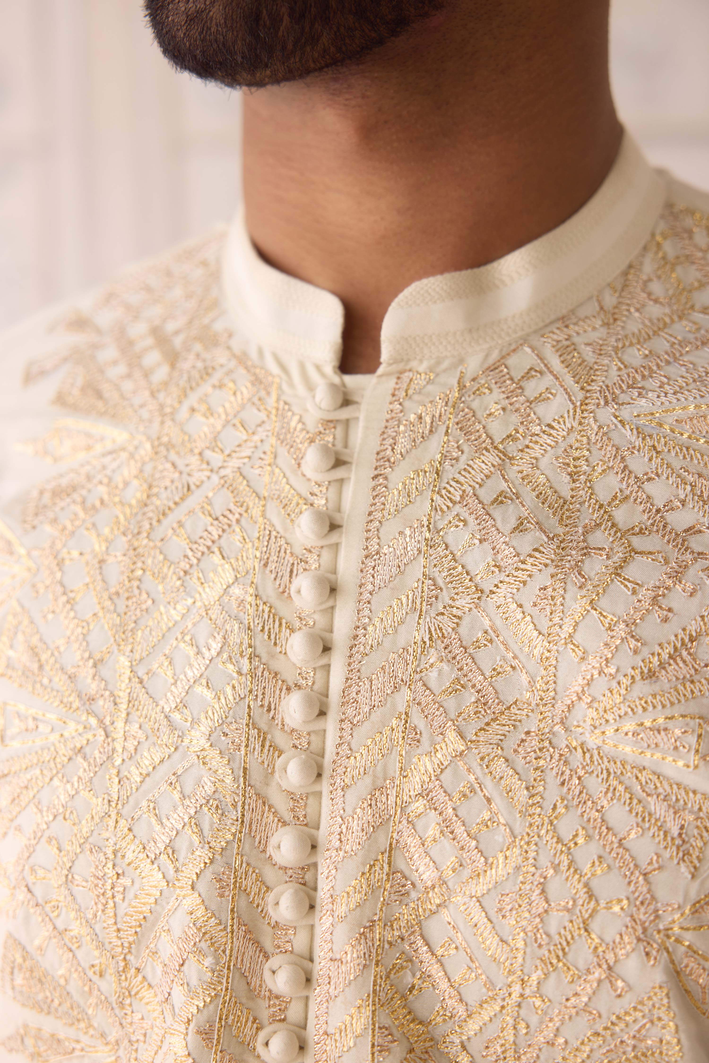 Egret off white gold dori and thread embroidered cotton silk kurta with trousers