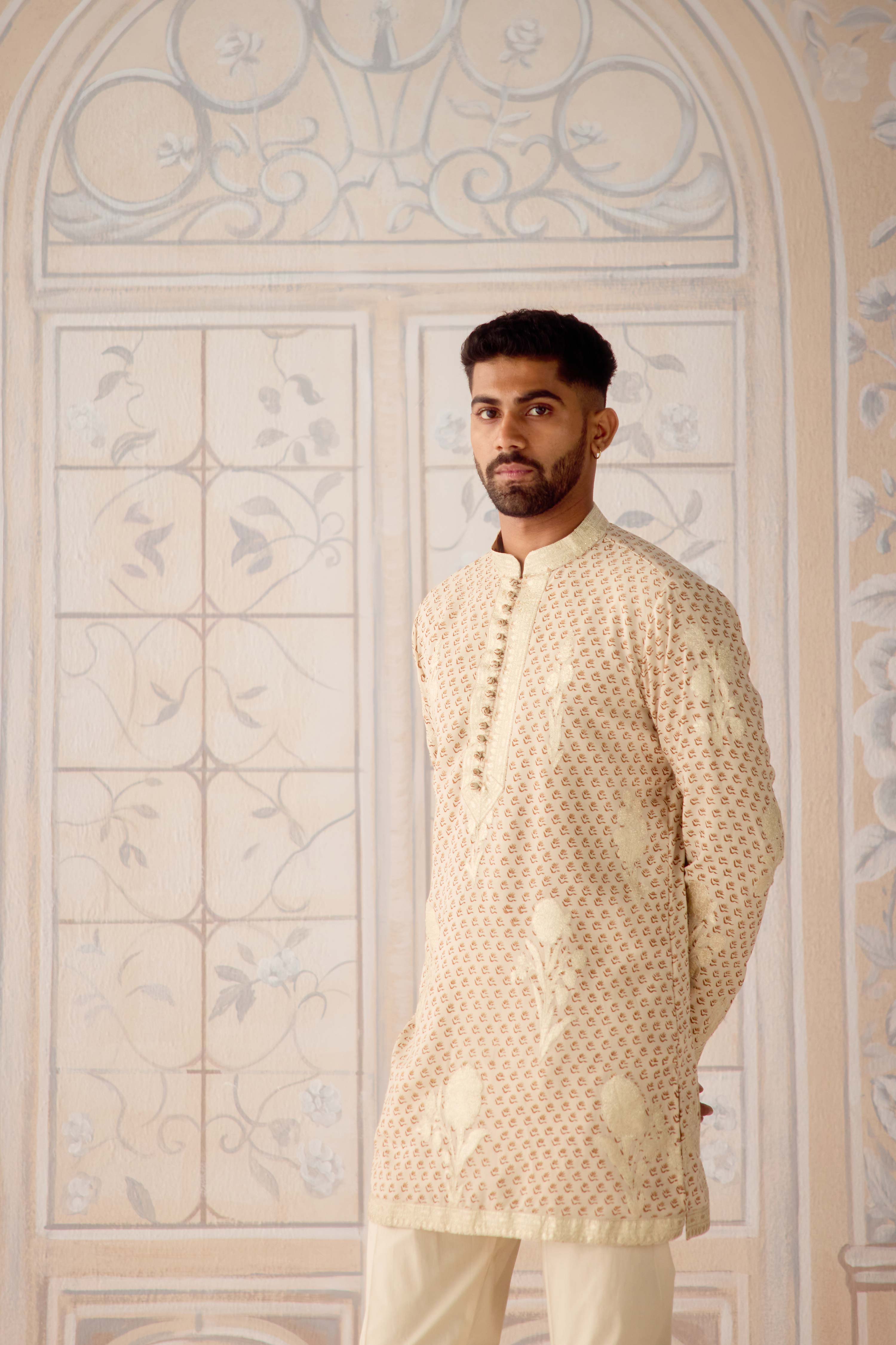 Antique white hand block embroidered gold applique and thread embroidered kurta set