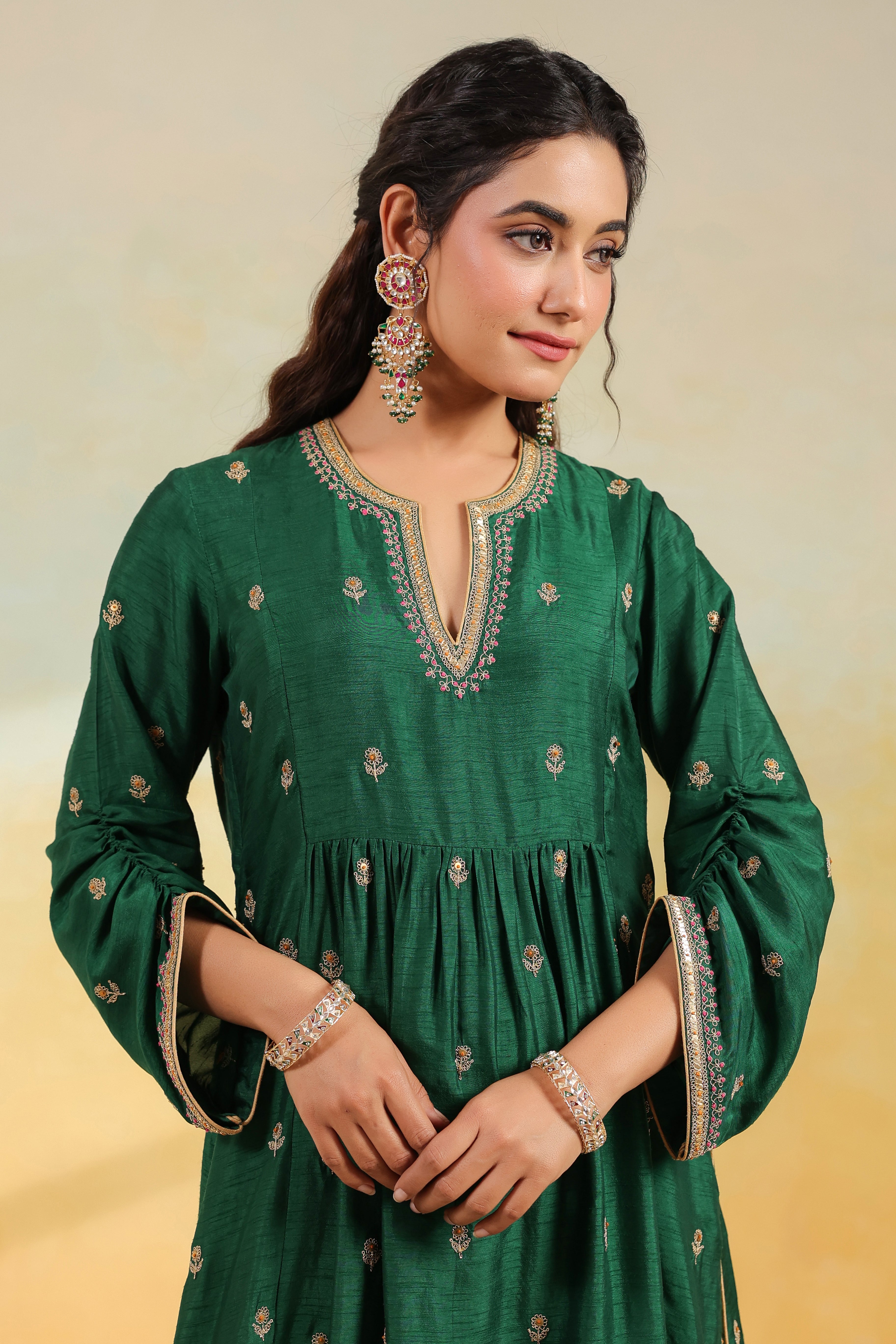 Green Multi Zardozi Buti Frockstyle Kurta set