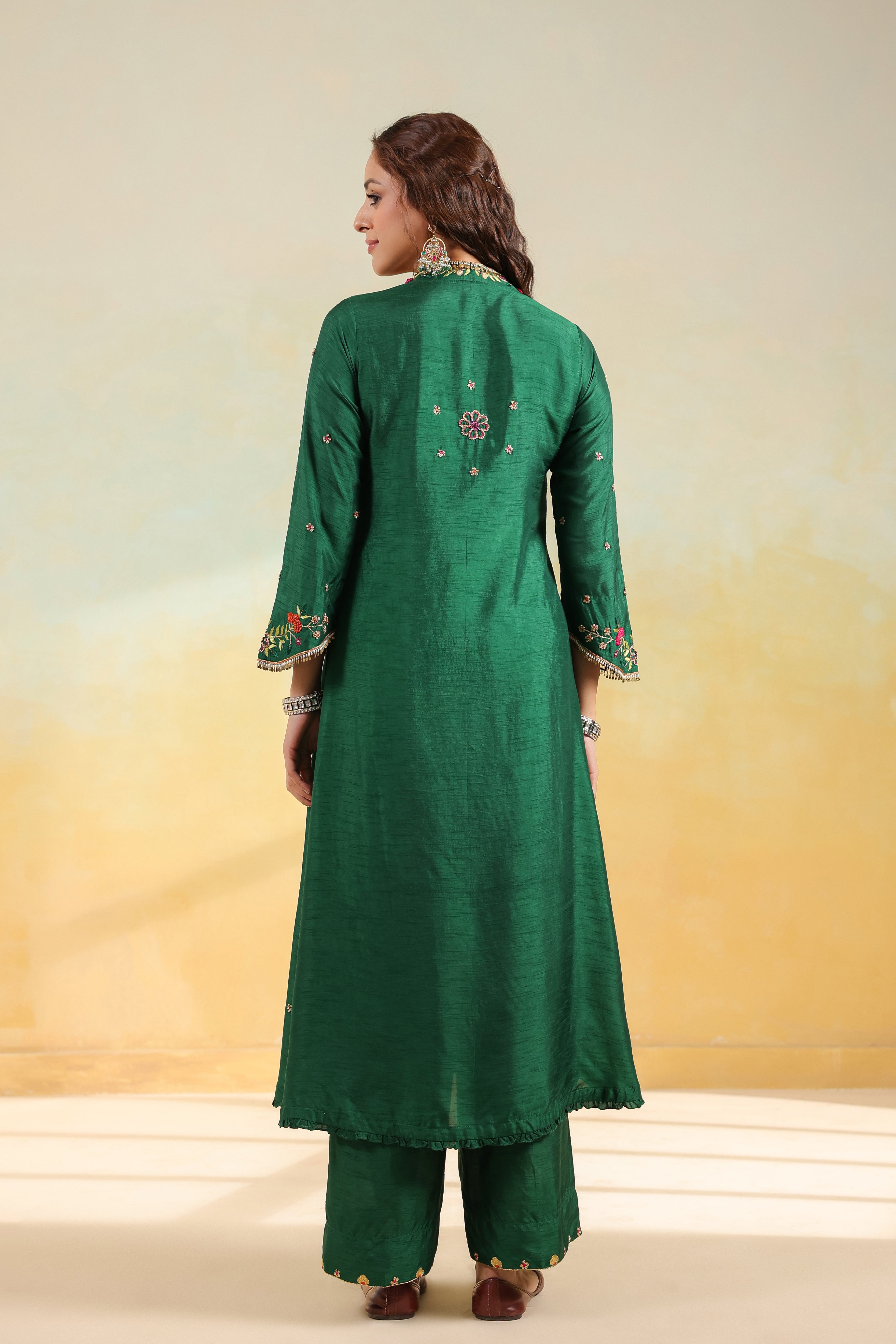 Green Multicolor French Knot Kurta Set