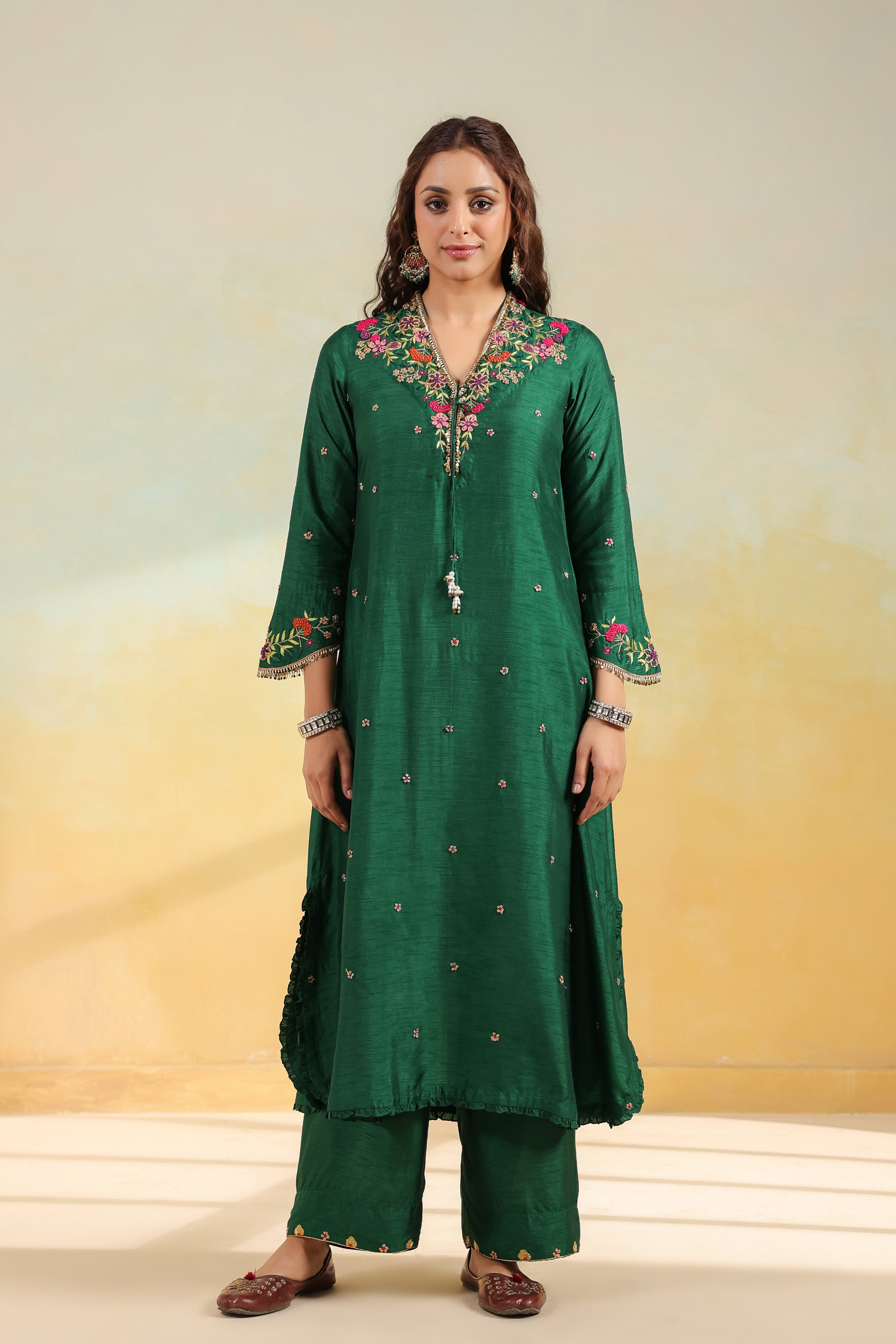 Green Multicolor French Knot Kurta Set