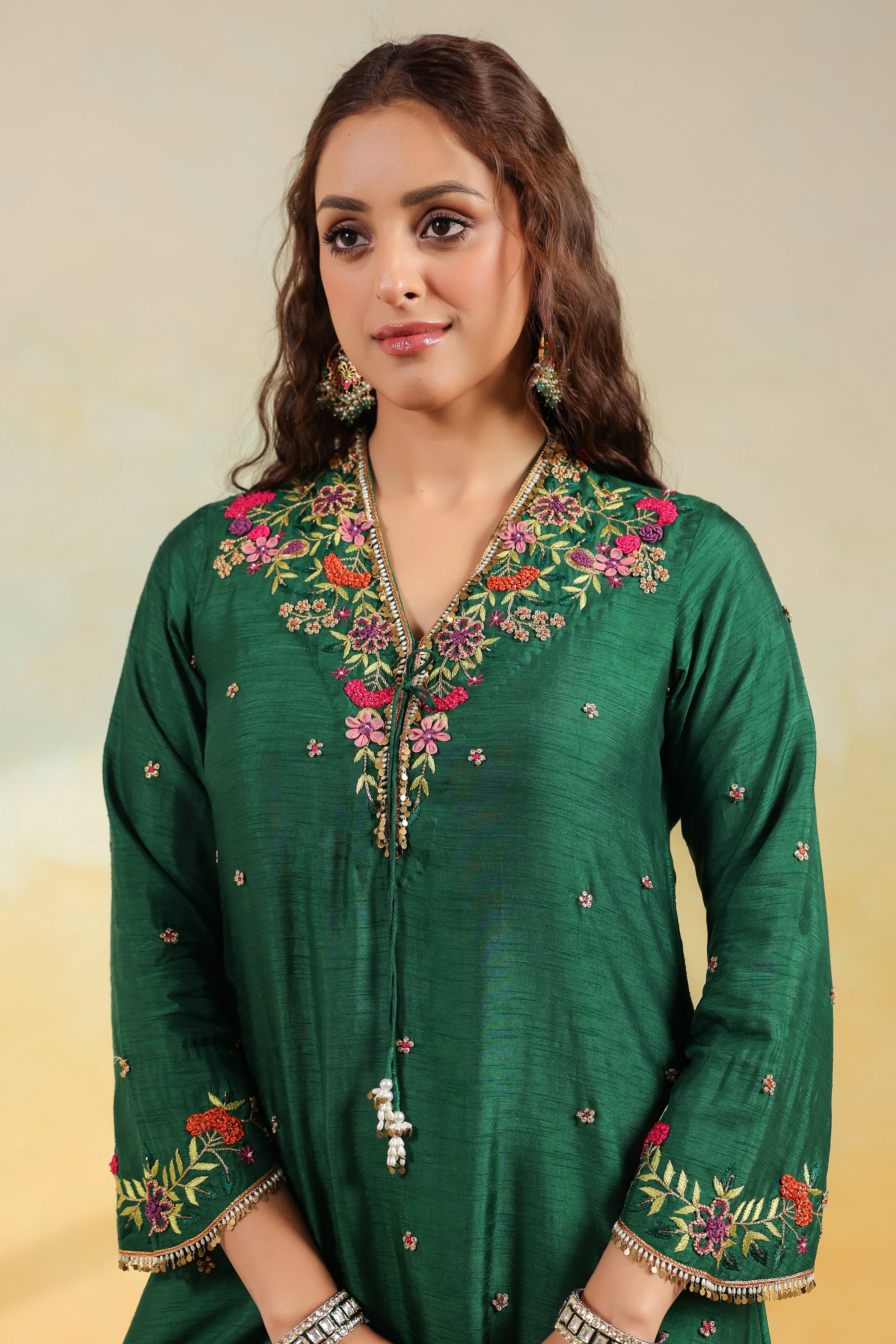 Green Multicolor French Knot Kurta Set
