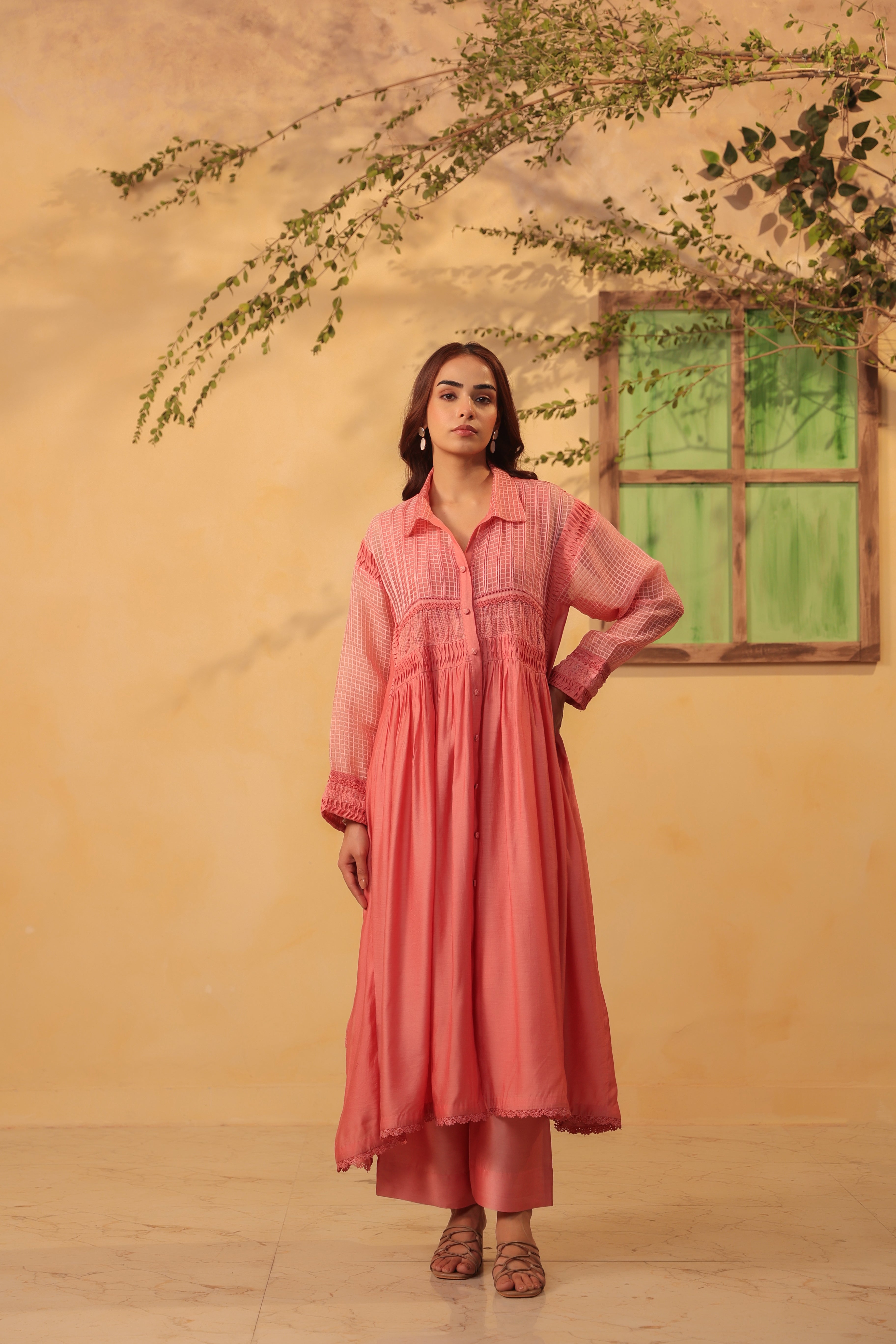 Vaayu Pink Pintuck Collar Kurta Set
