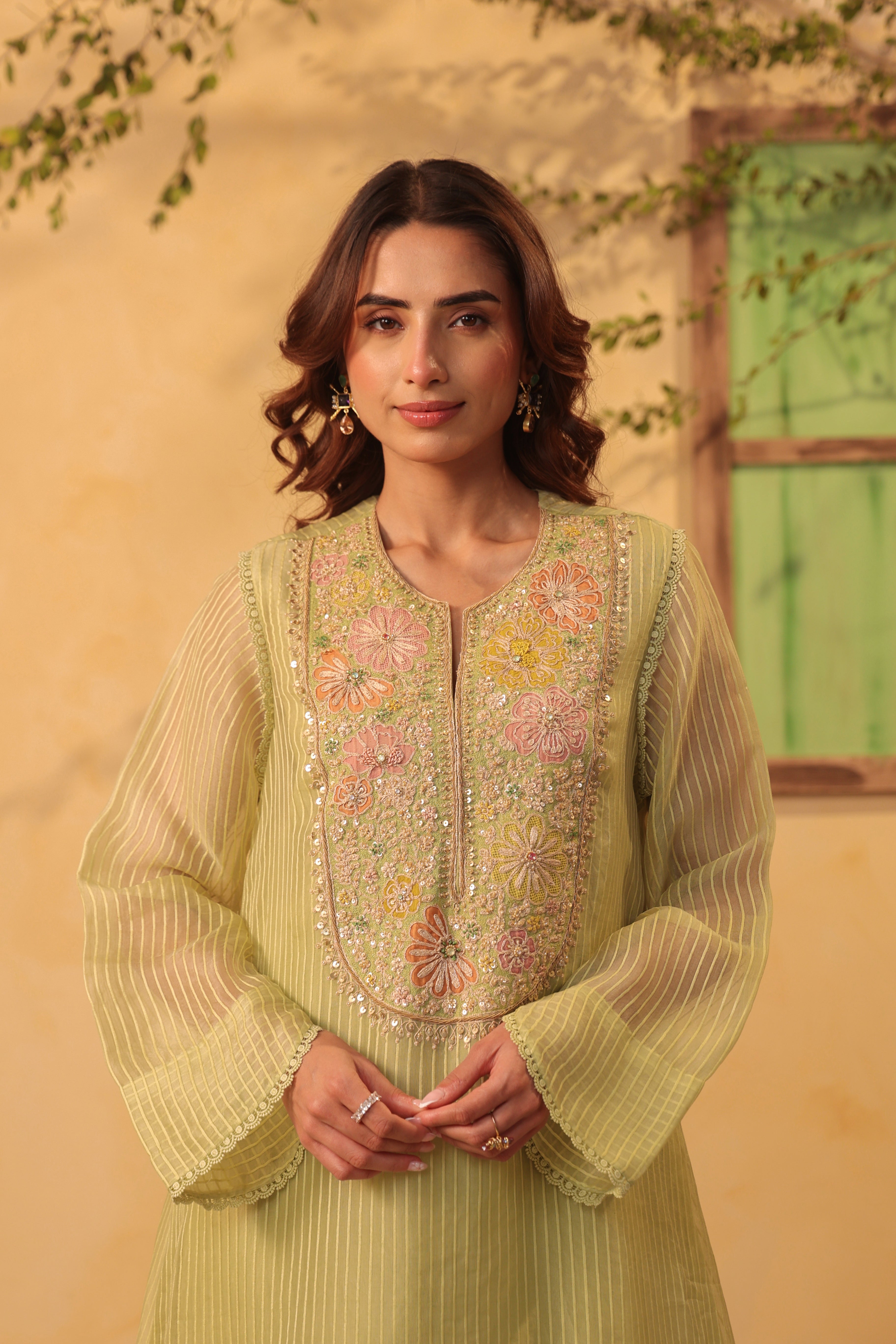 Vaayu Green Applique Yoke Kurta Set