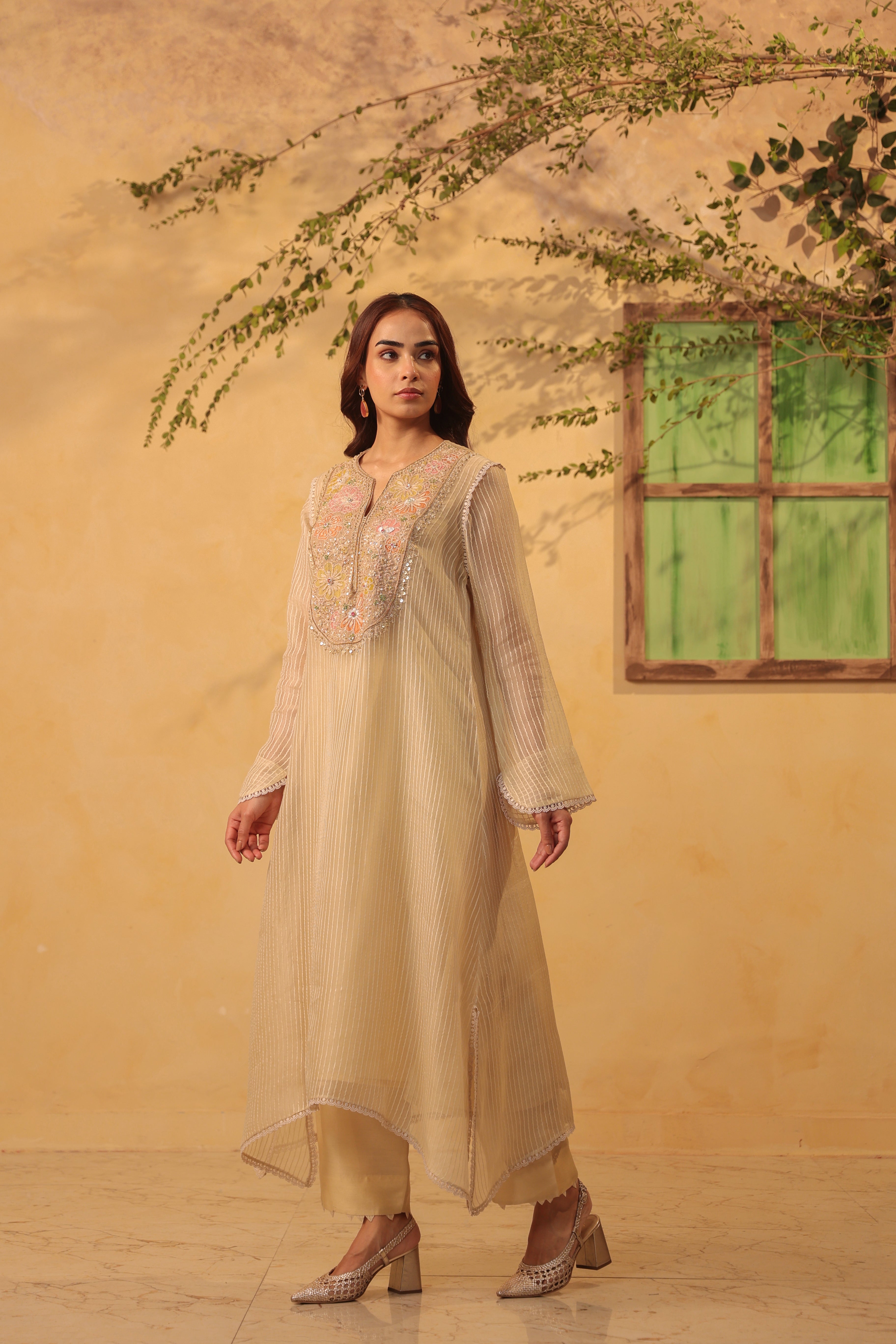 Vaayu Beige Applique Yoke Kurta Set
