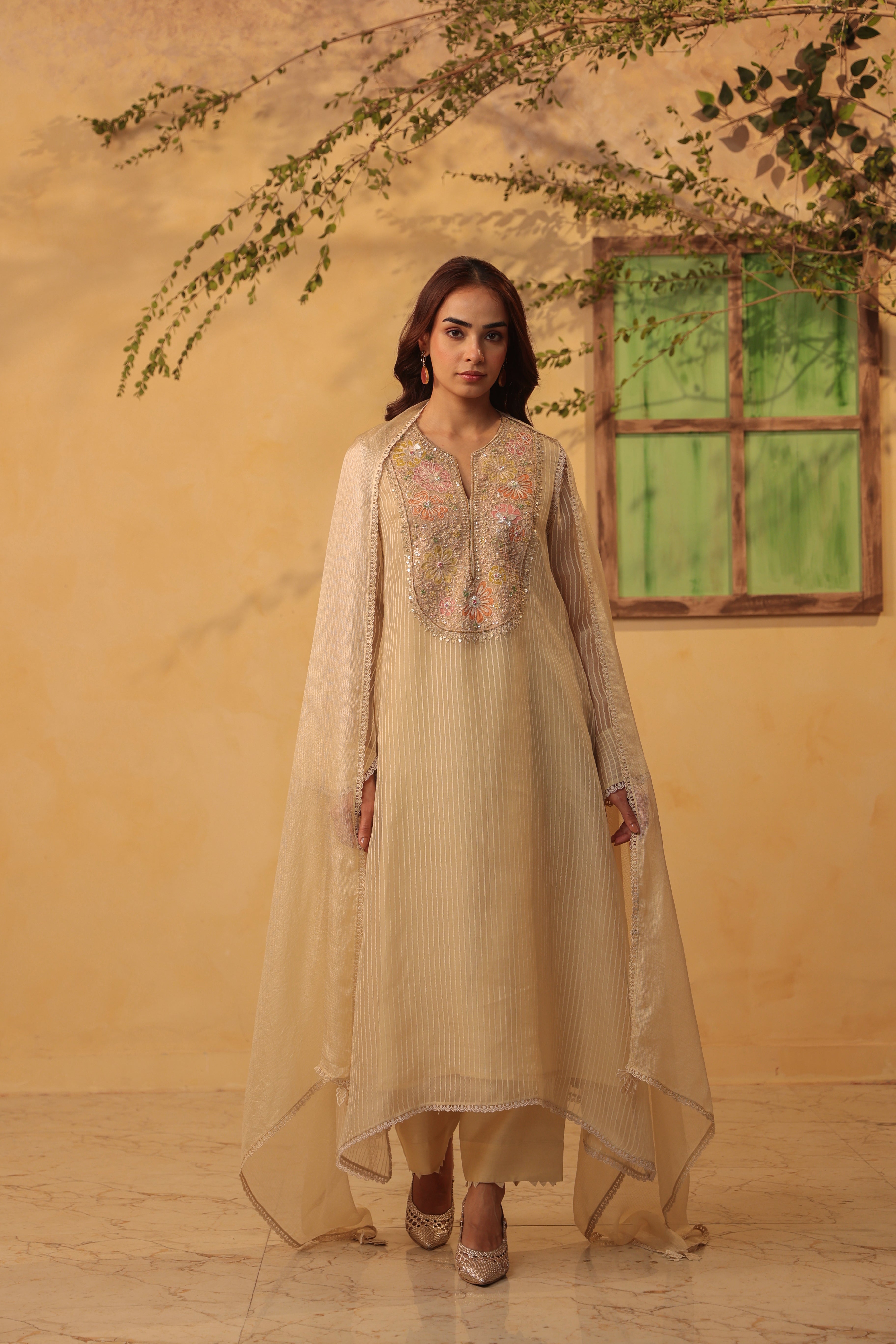 Vaayu Beige Applique Yoke Kurta Set