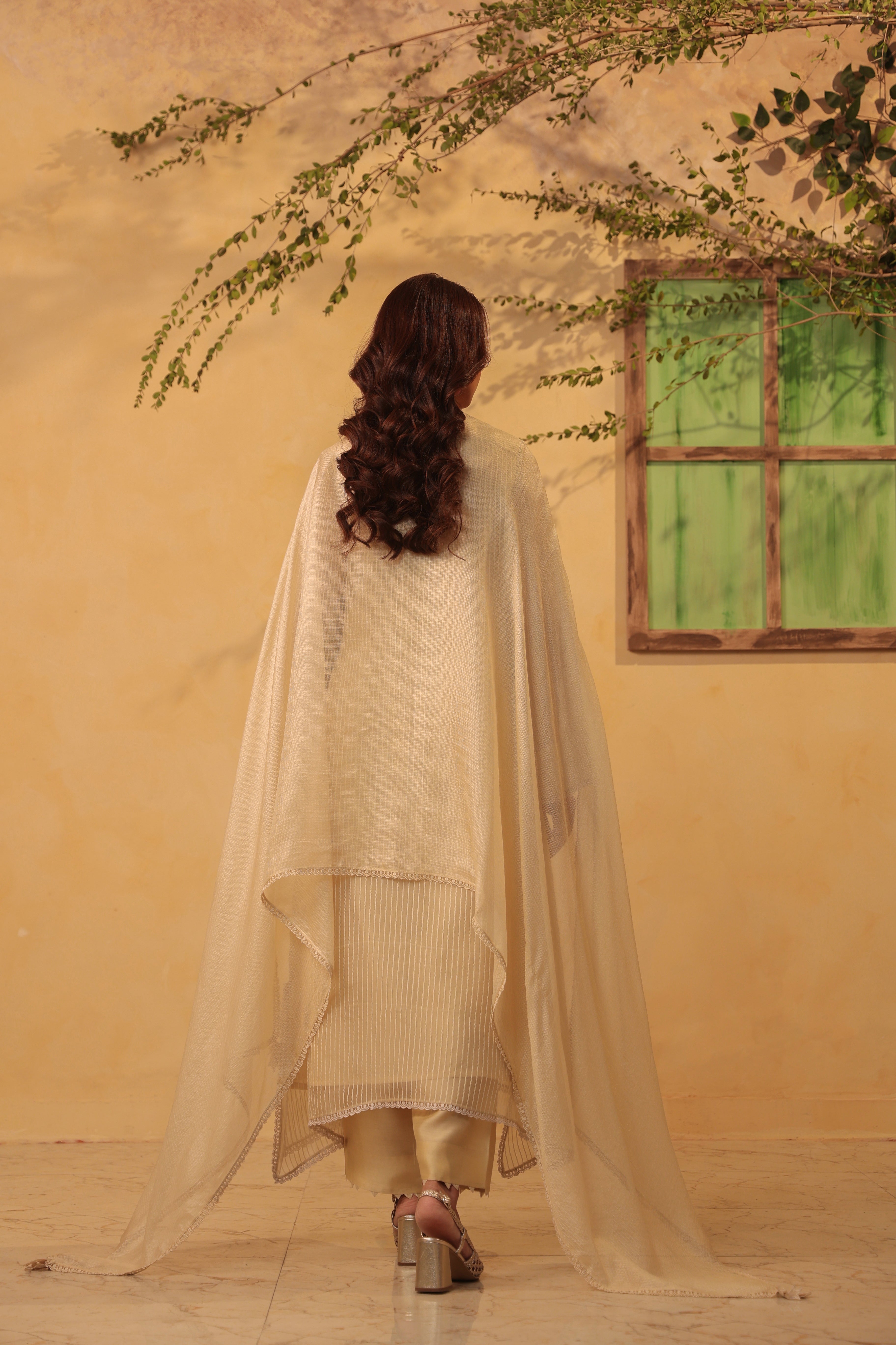Vaayu Beige Applique Yoke Kurta Set