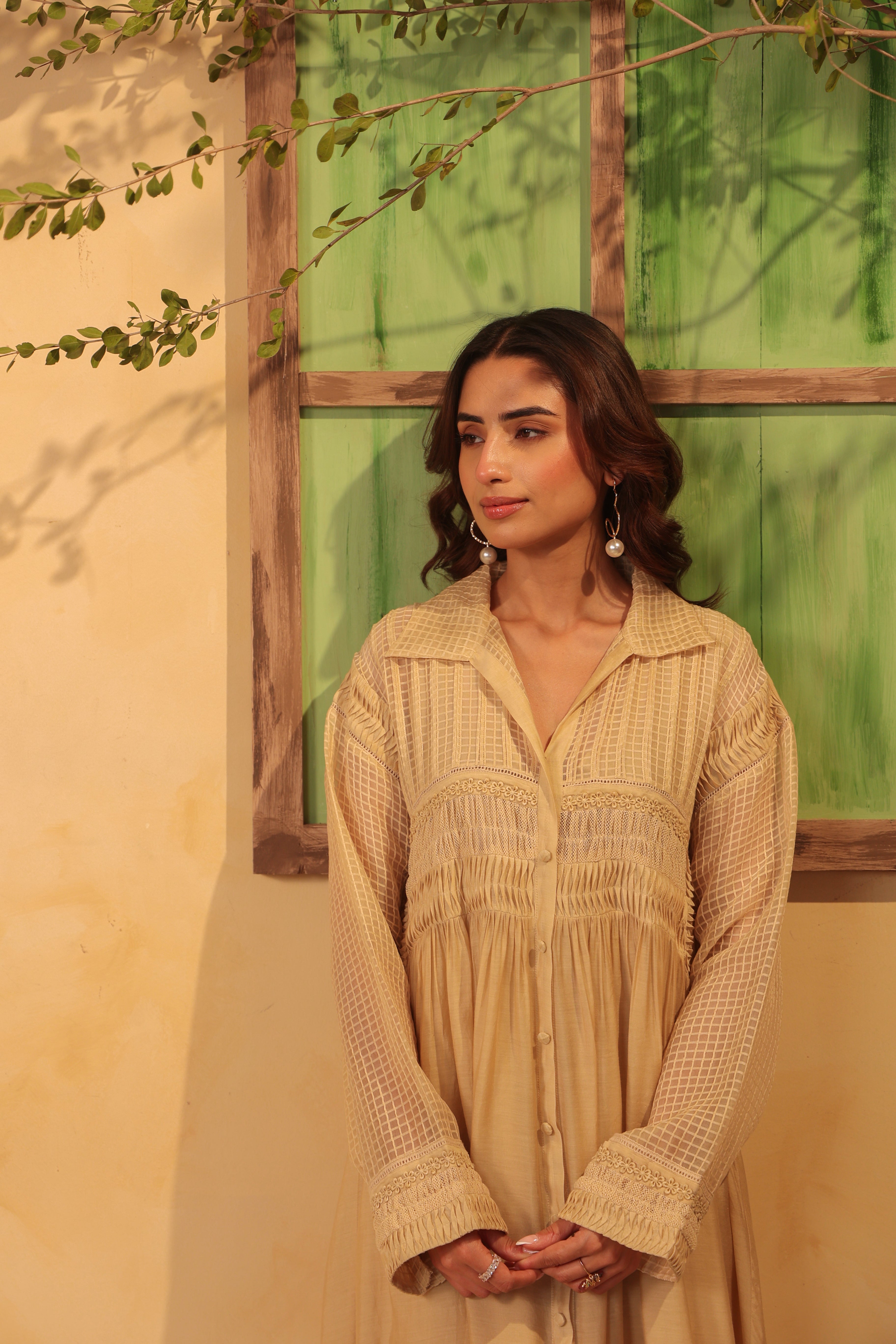 Vaayu Beige Pintuck Collar Kurta Set