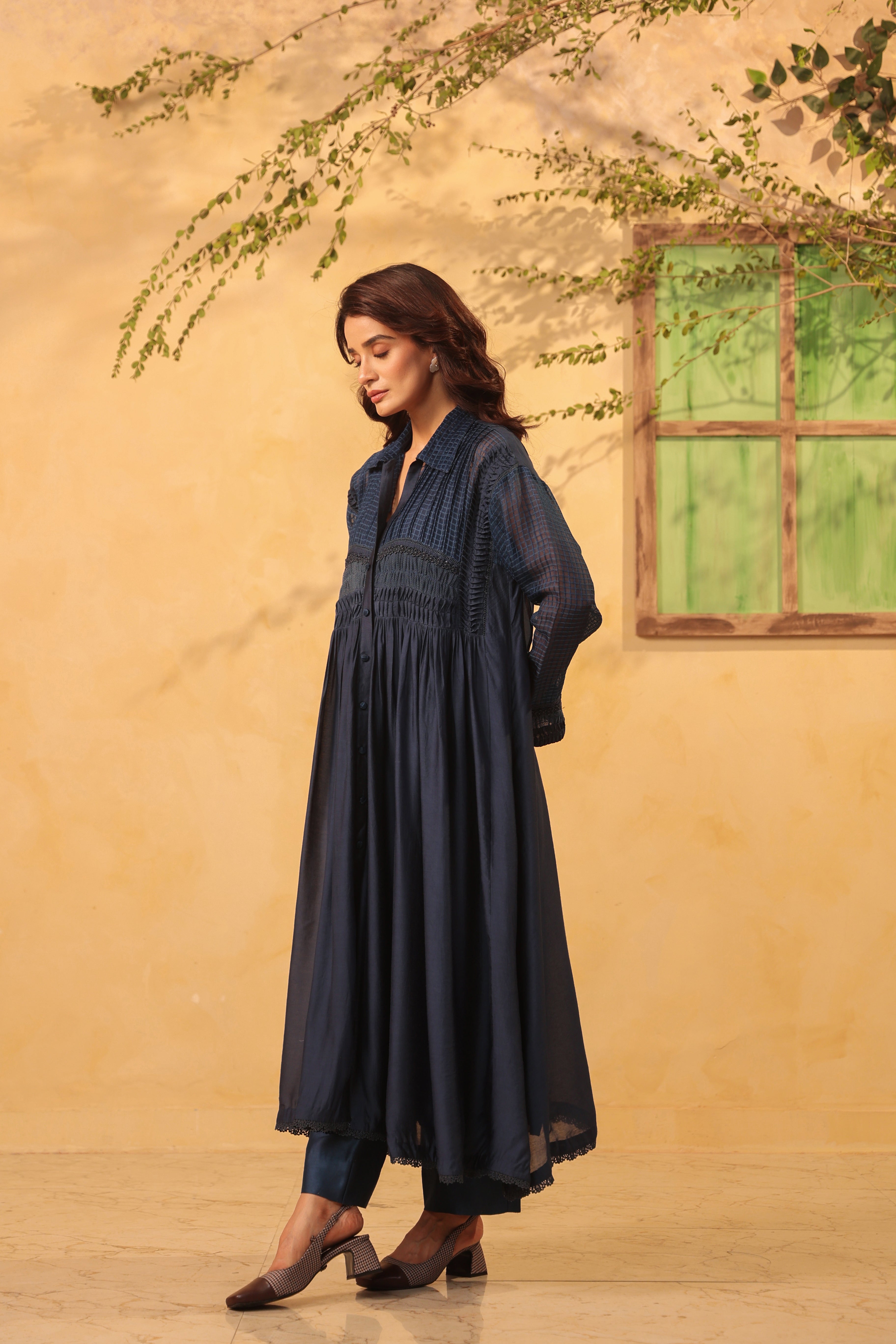 Vaayu Dark Blue Pintuck Collar Kurta Set