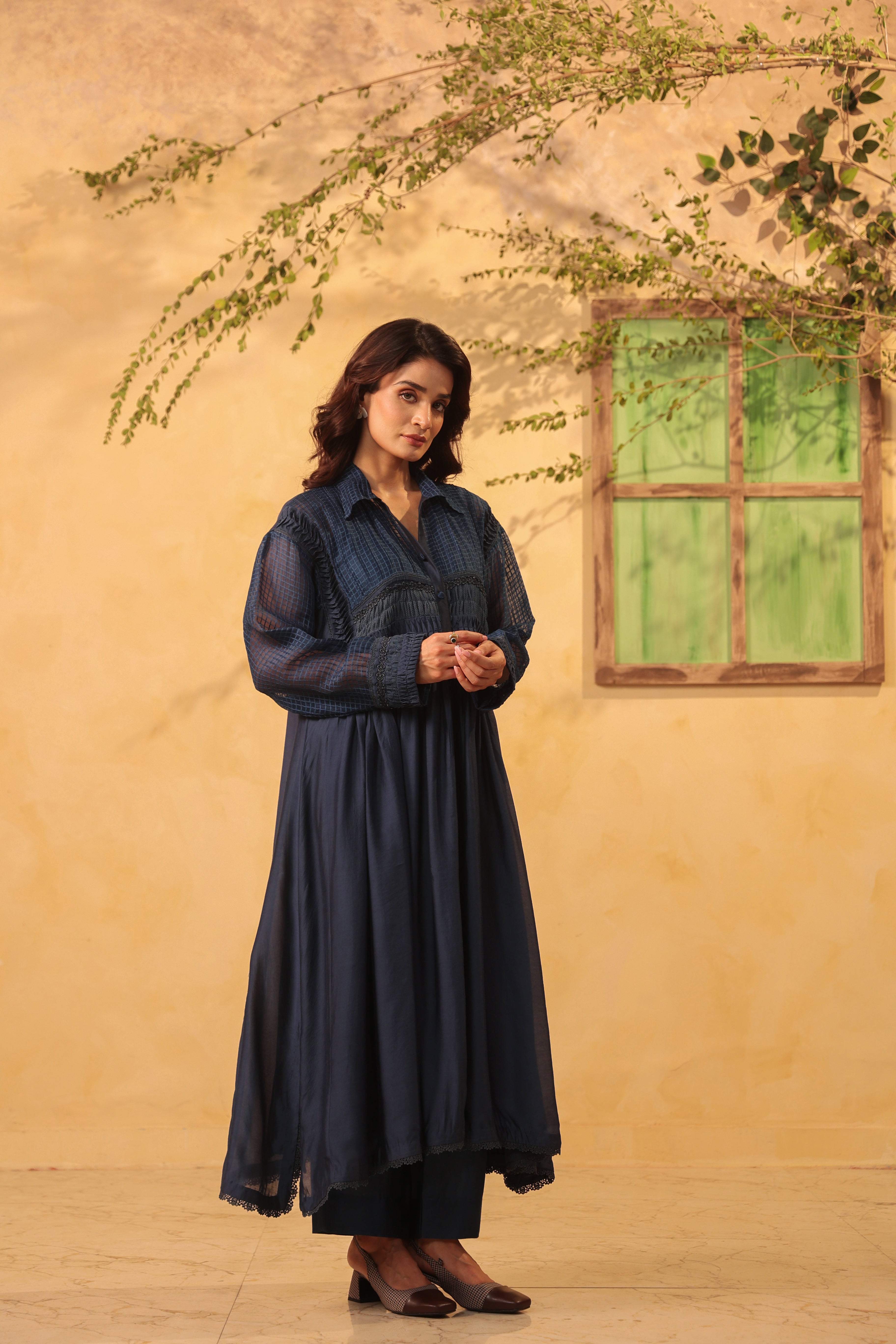 Vaayu Dark Blue Pintuck Collar Kurta Set