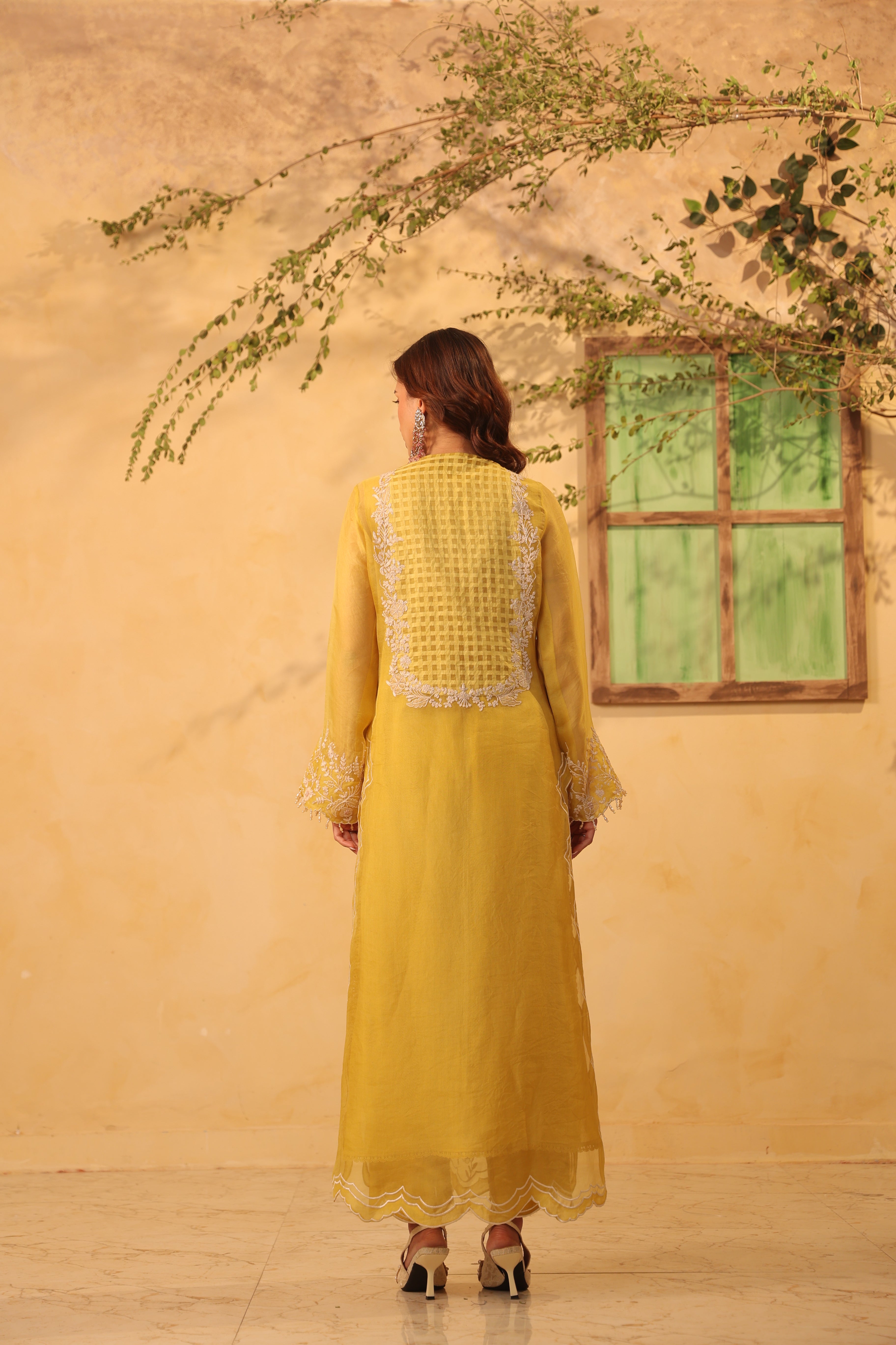 Vaayu Yellow Heavy Jaal Scallop Kurta Set