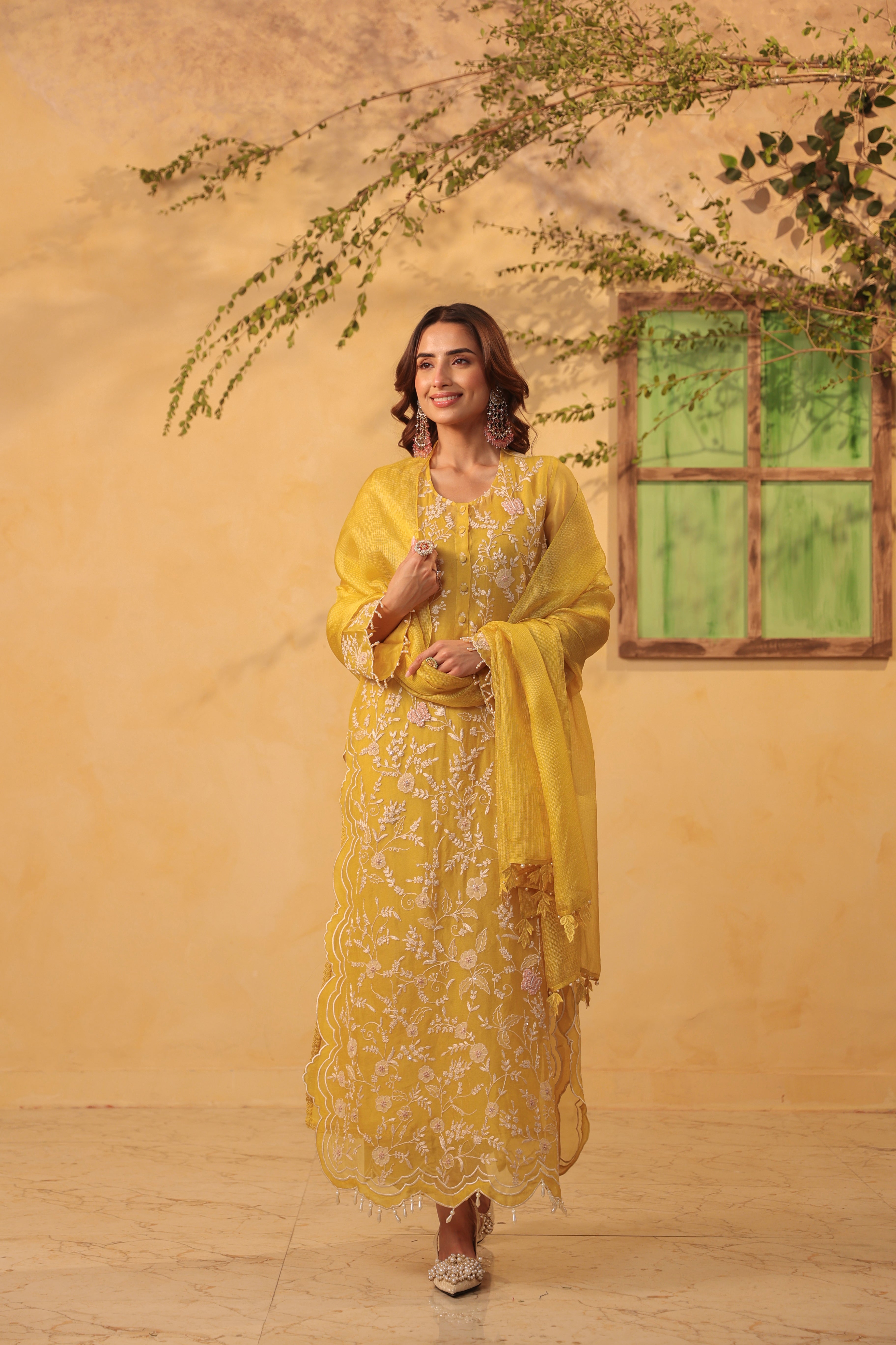 Vaayu Yellow Heavy Jaal Scallop Kurta Set