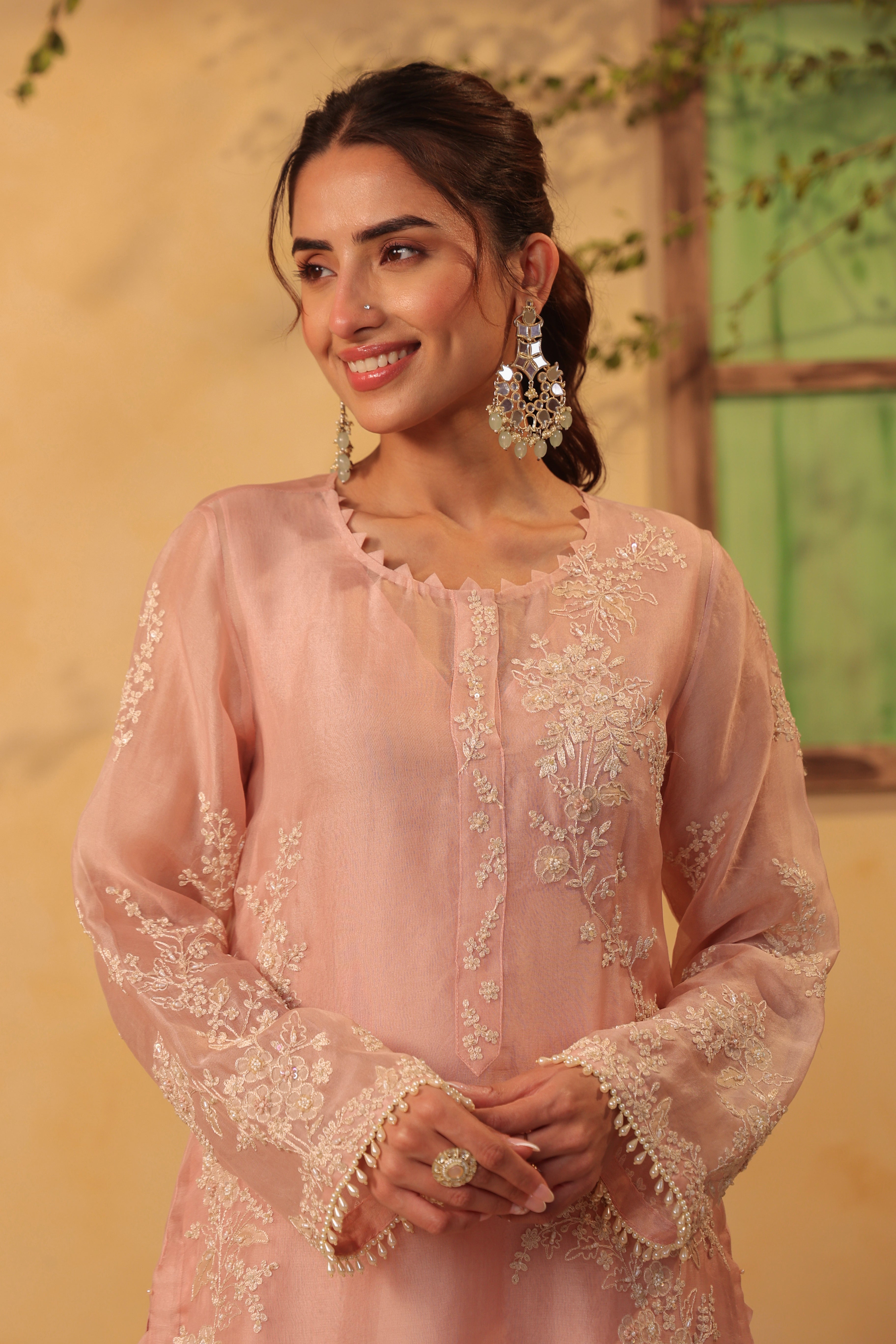 Vaayu Light Pink jaal straight kurta Set
