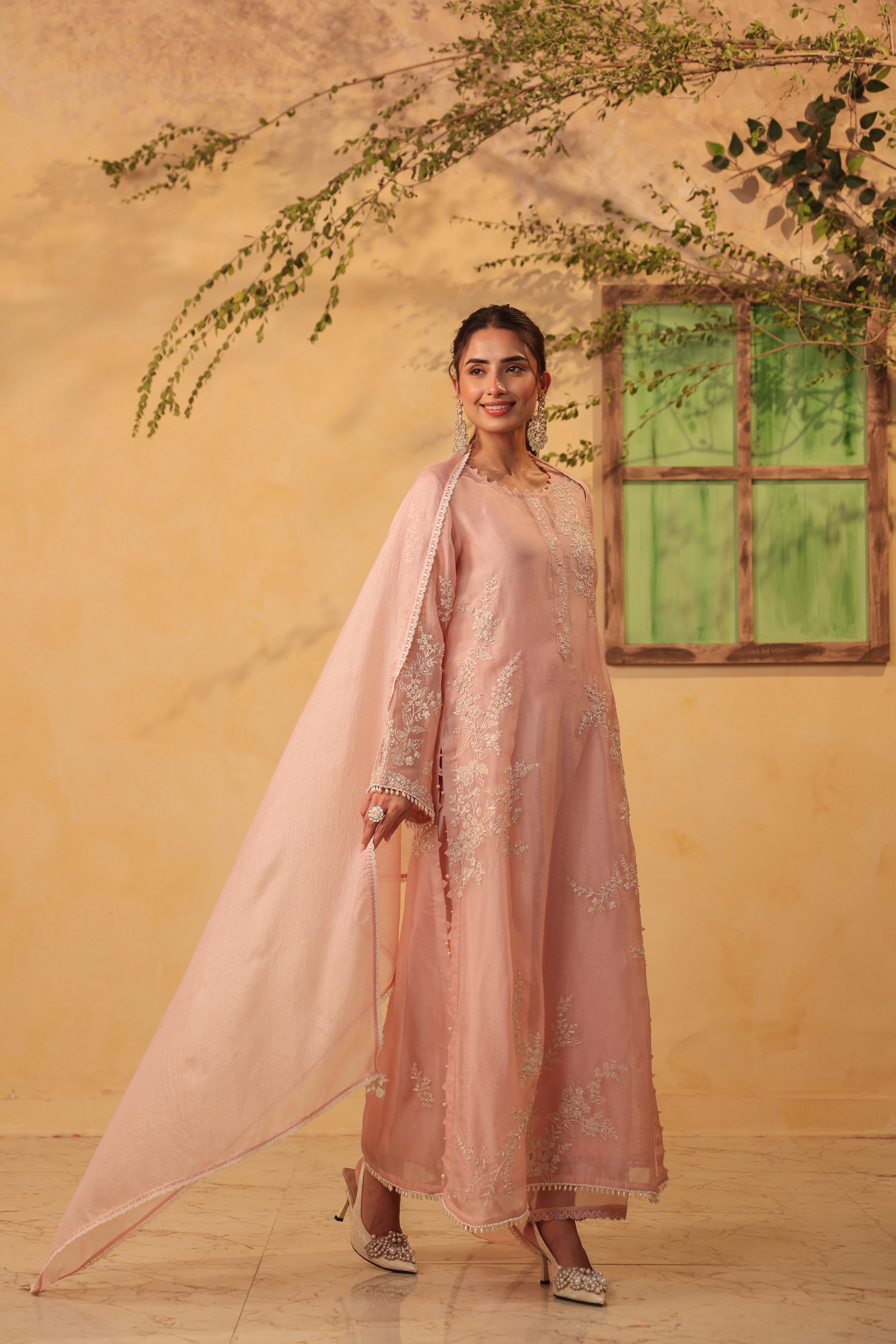 Vaayu Light Pink jaal straight kurta Set