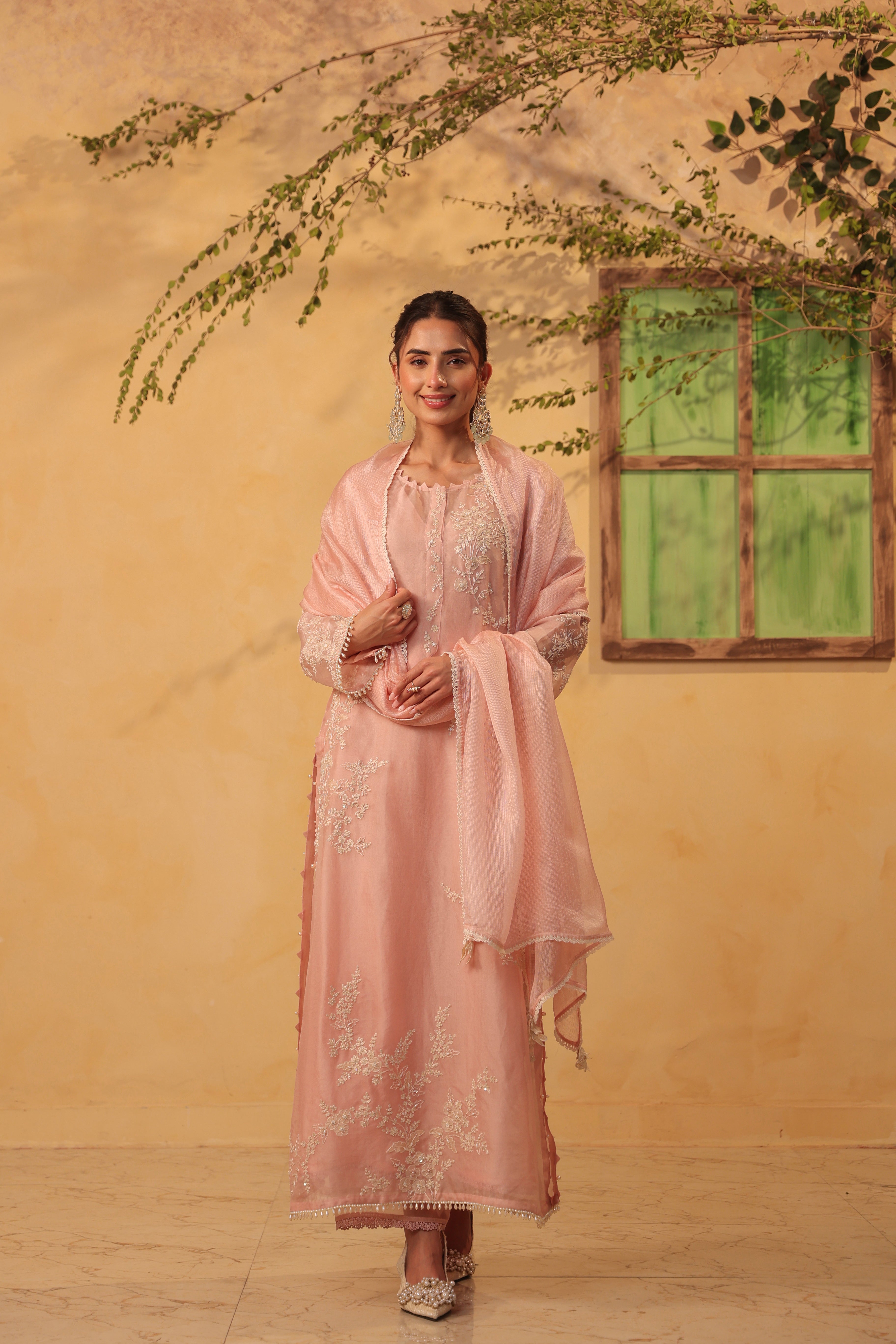 Vaayu Light Pink jaal straight kurta Set