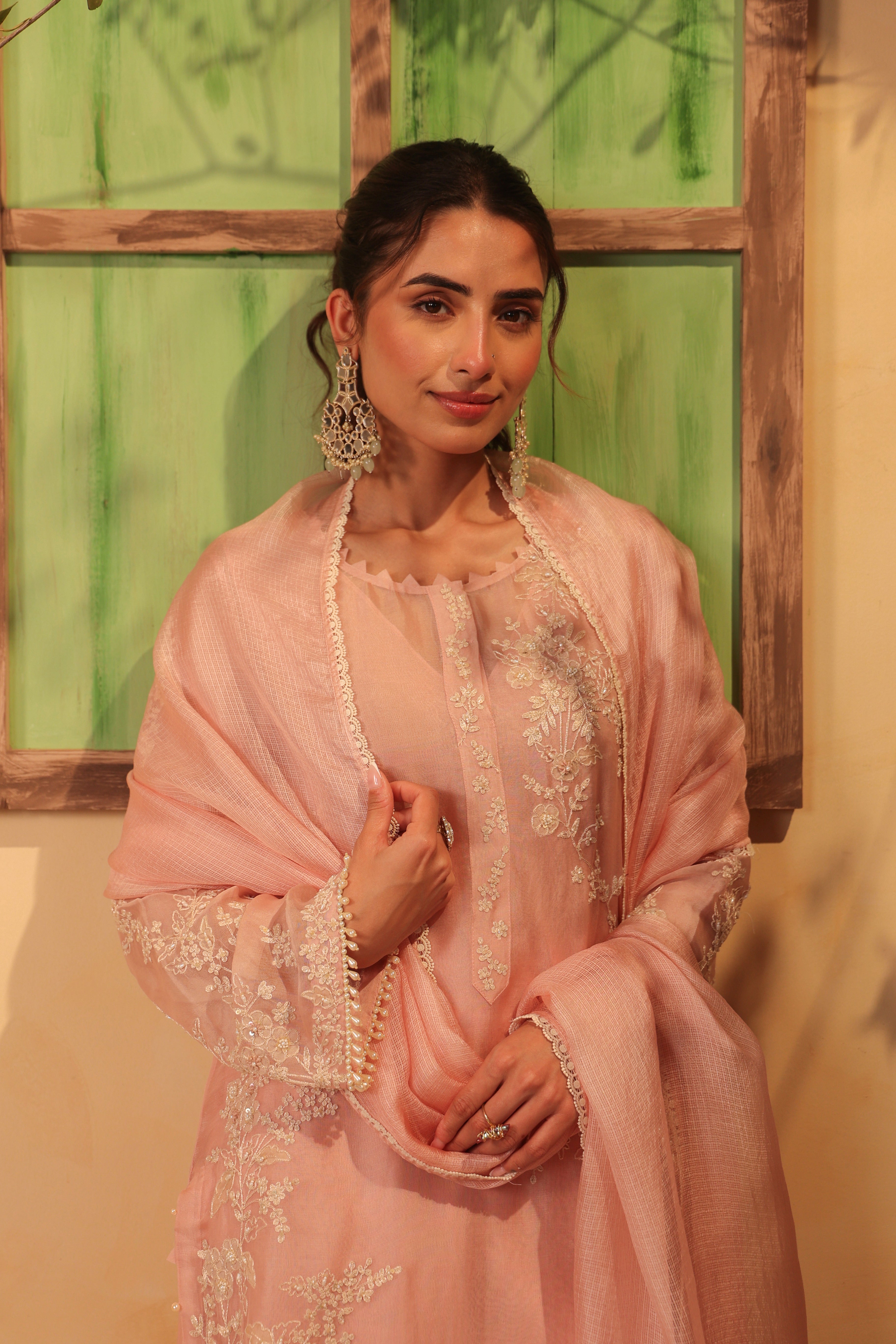 Vaayu Light Pink jaal straight kurta Set
