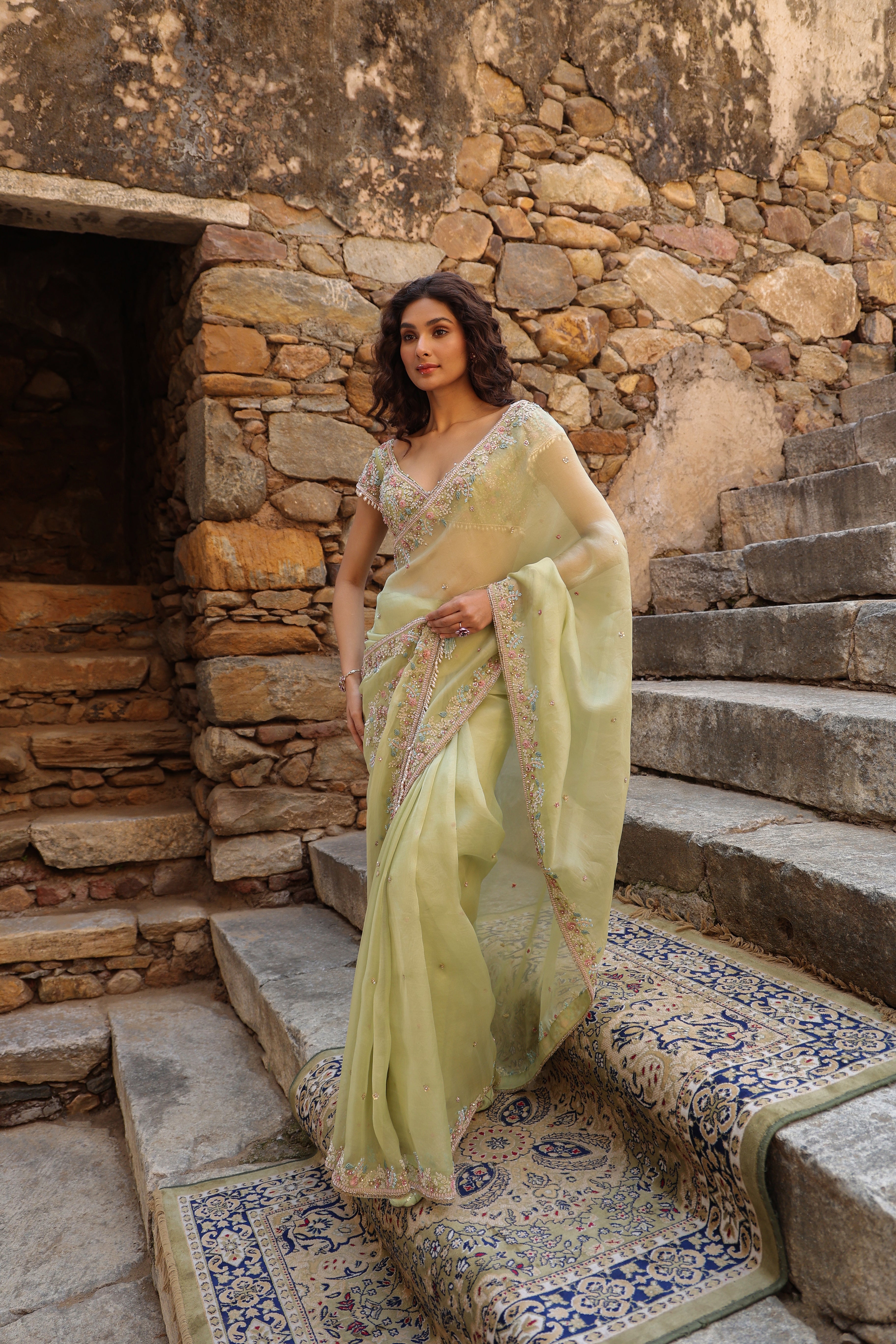 Vaayu Green Multicolor Border Saree Set