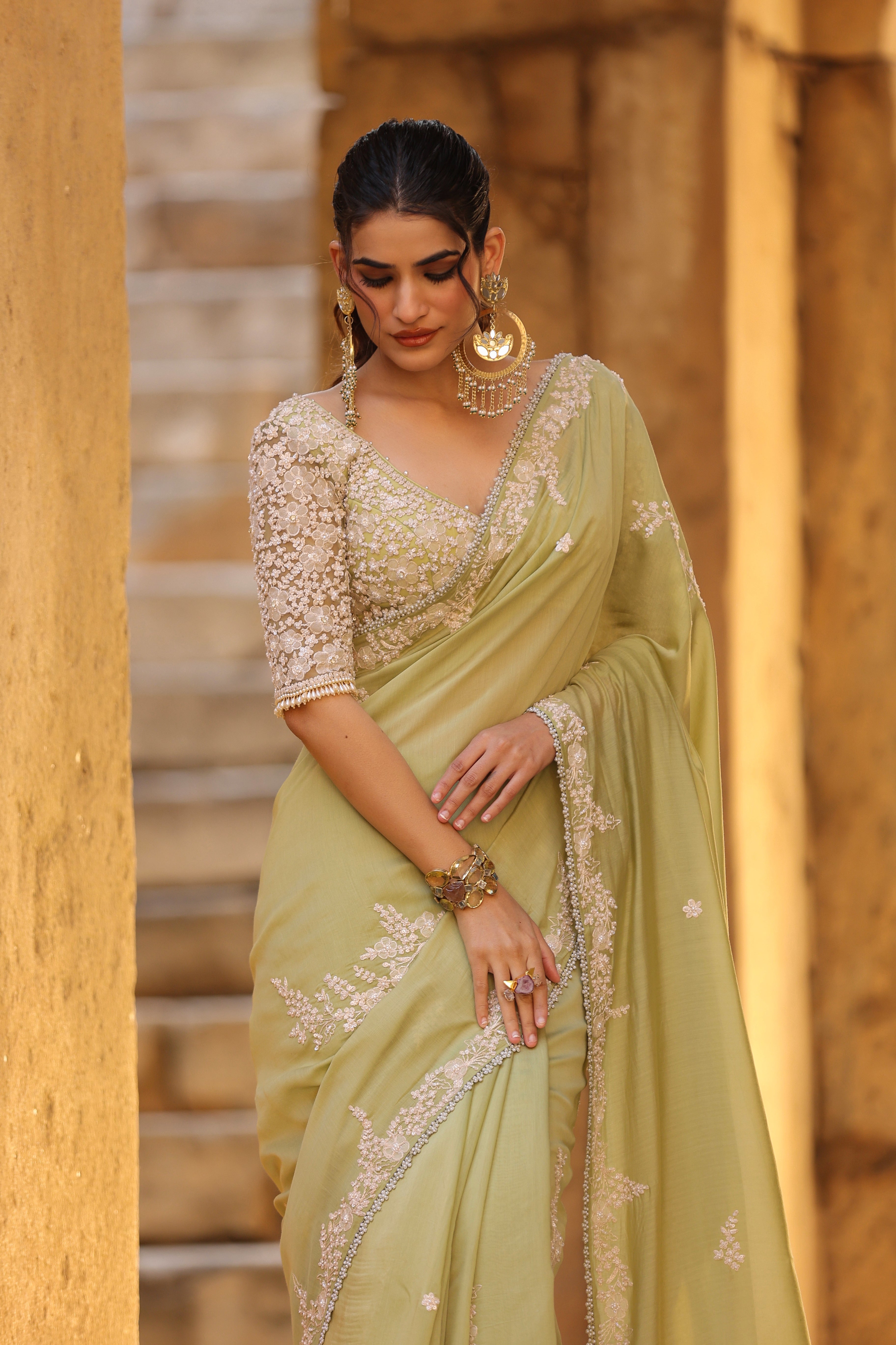 Vaayu Green Bail Buti Saree Set