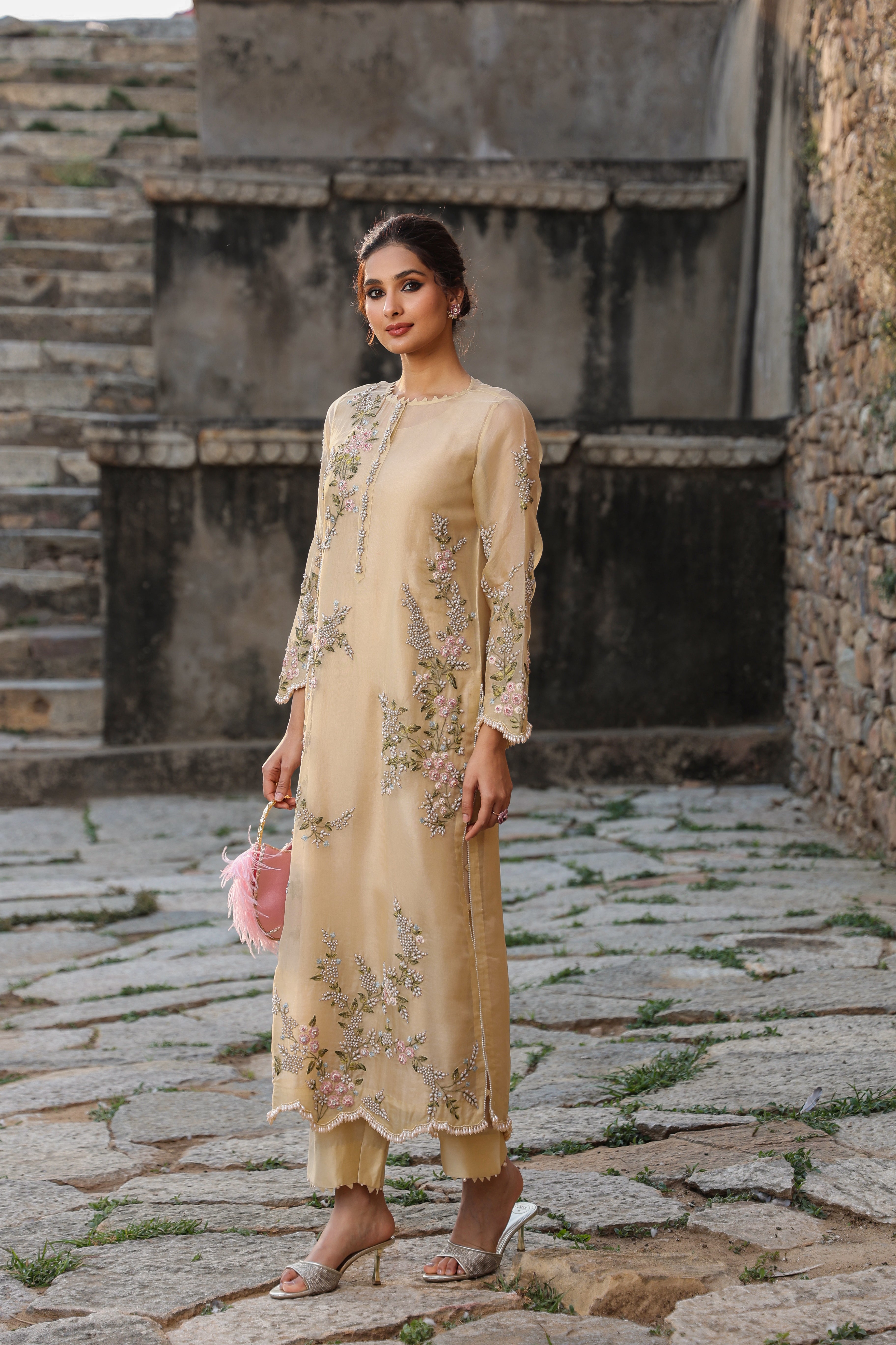 Vaayu Beige Multicolor Jaal Kurta Set