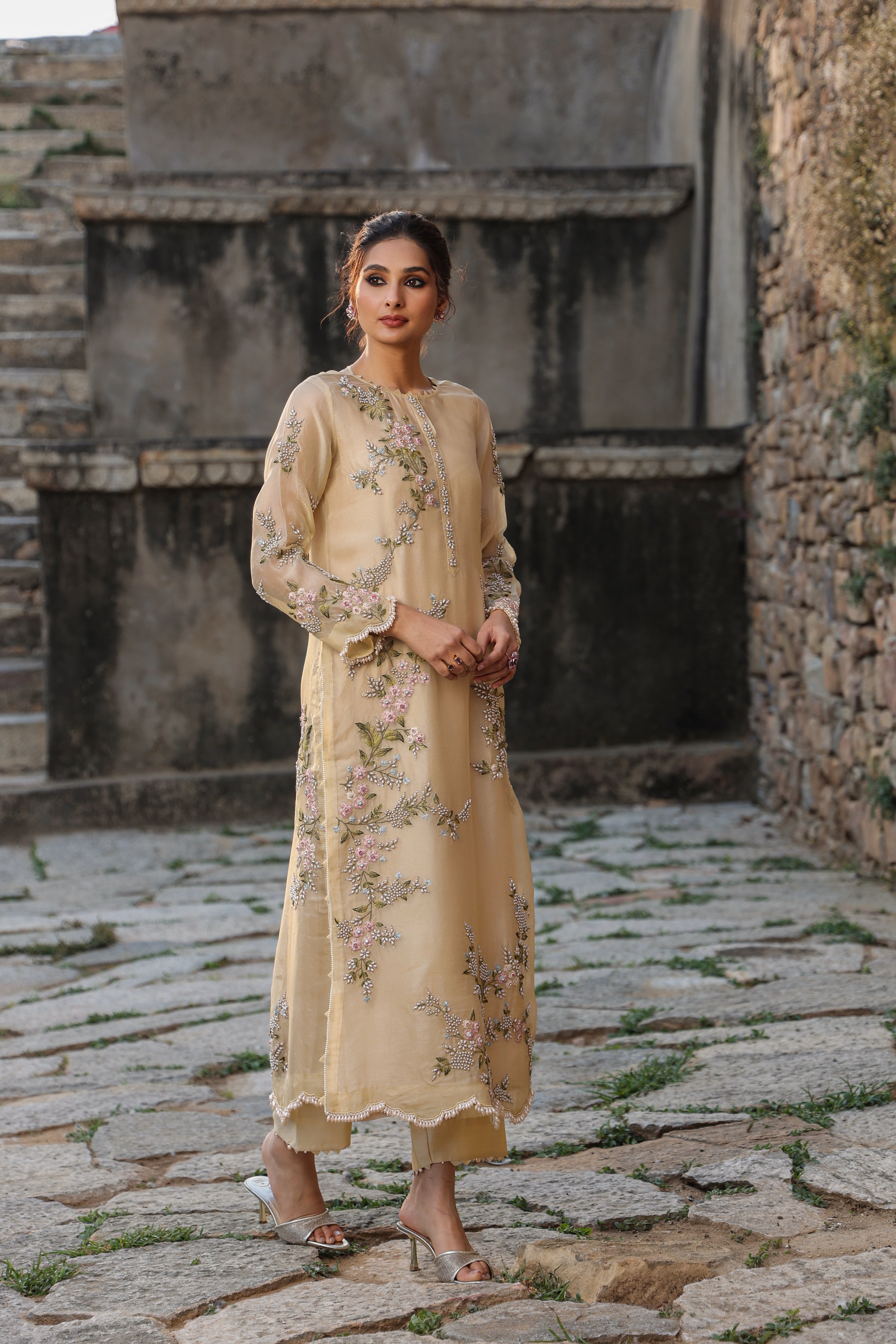 Vaayu Beige Multicolor Jaal Kurta Set