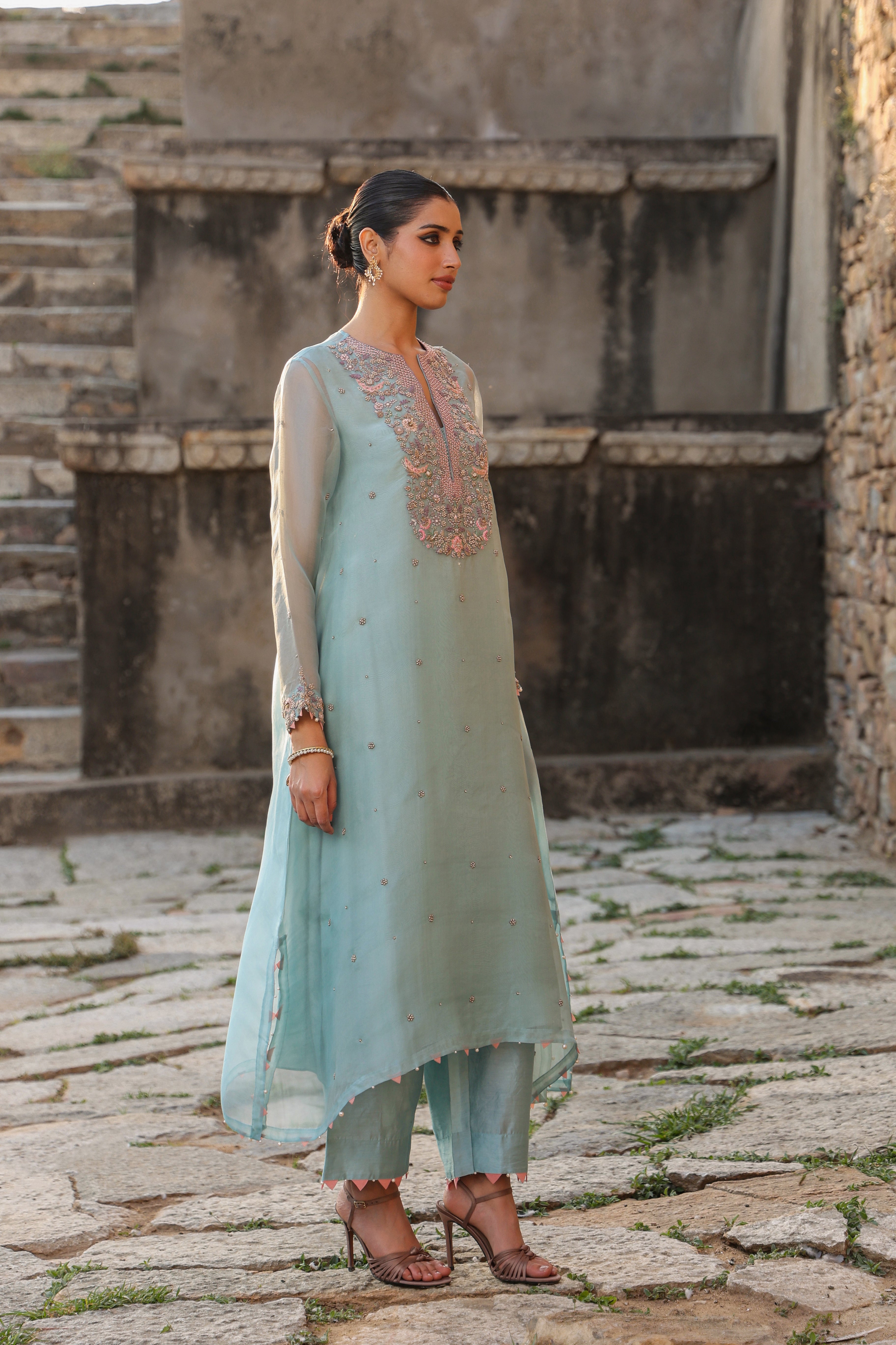 Vaayu Light Blue Heavy Neck Kurta Set
