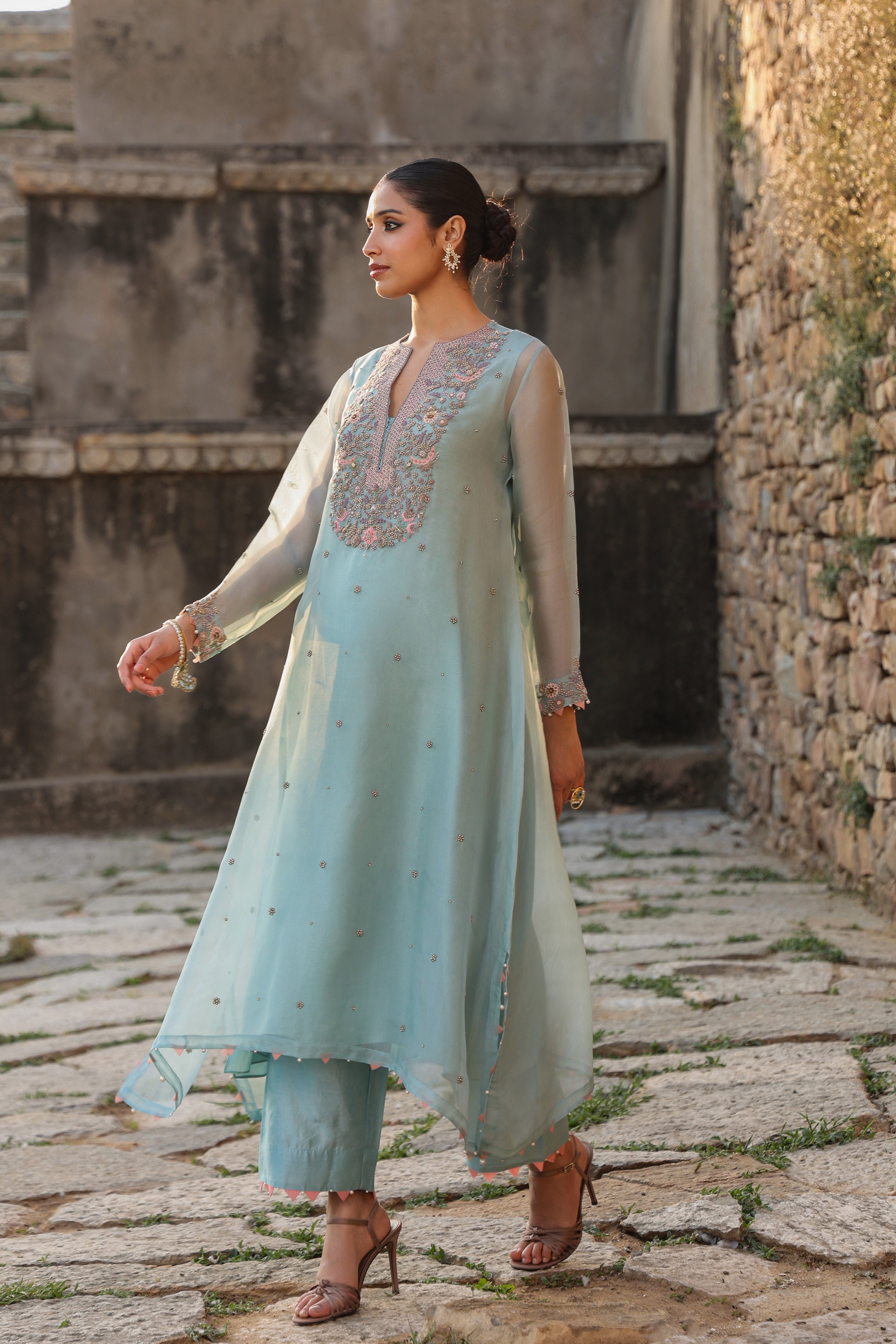 Vaayu Light Blue Heavy Neck Kurta Set