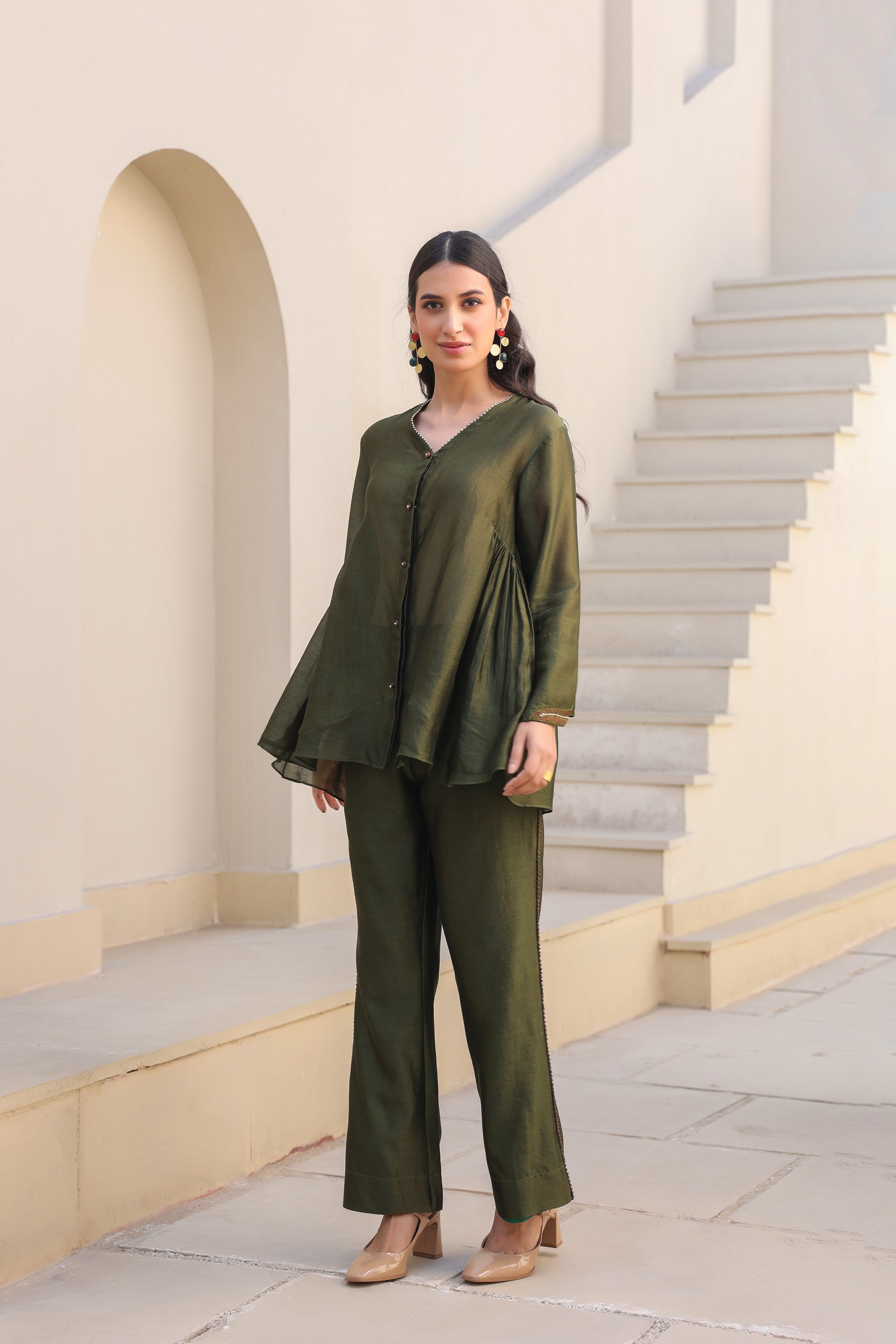 V Neck Gathered Co-ord Set