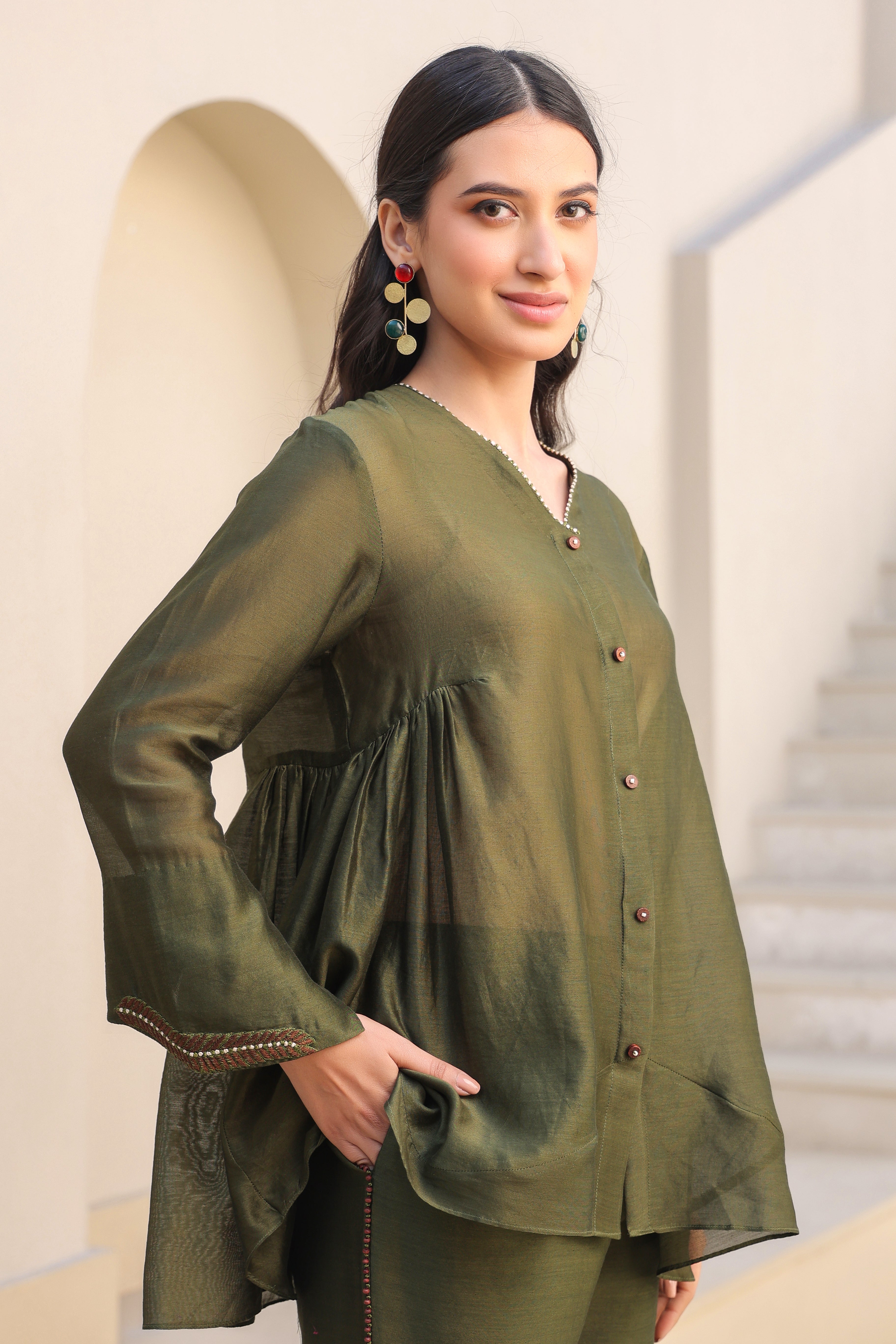 V Neck Gathered Co-ord Set