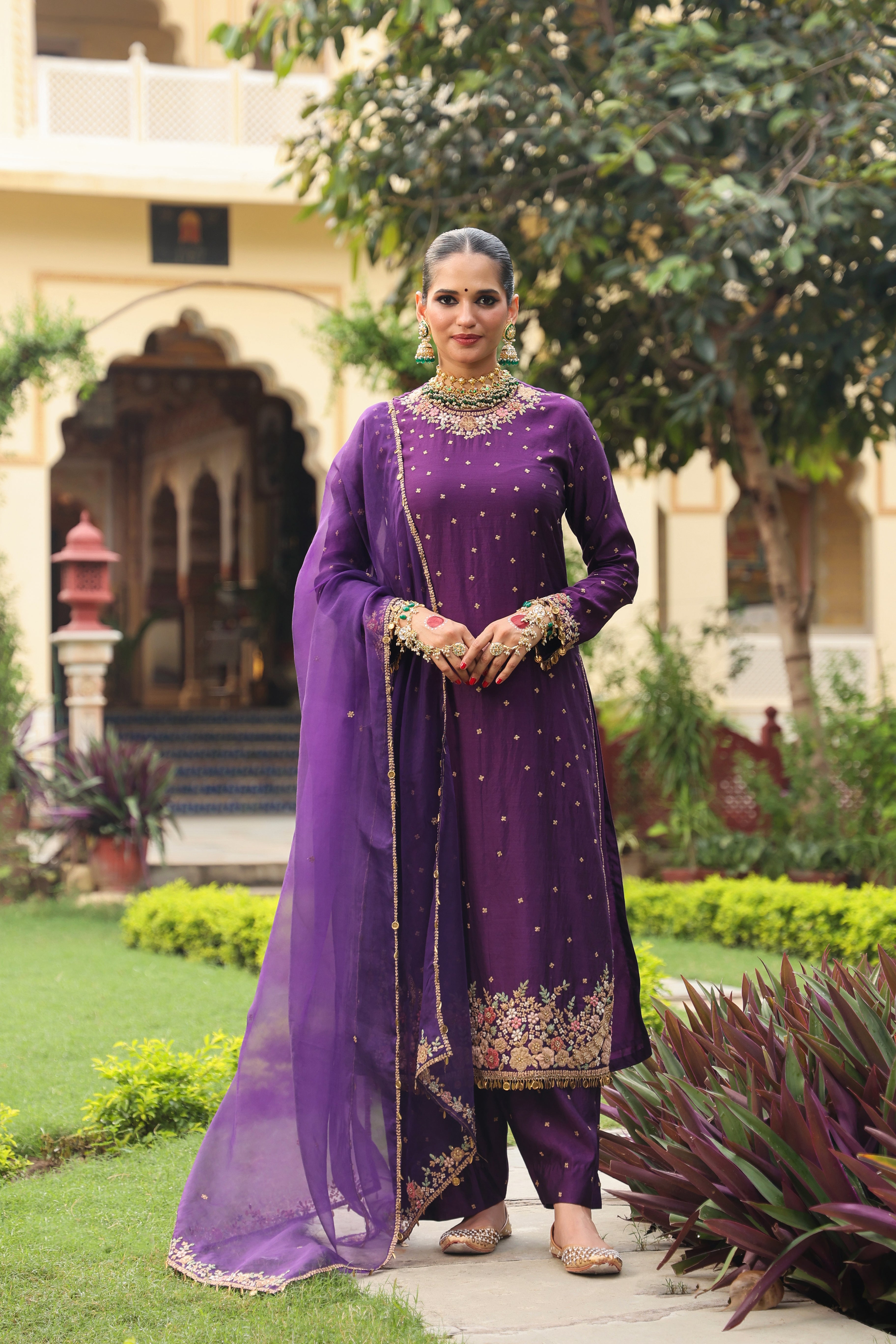 Ahista Purple Mayur Applique Long Kurta Set