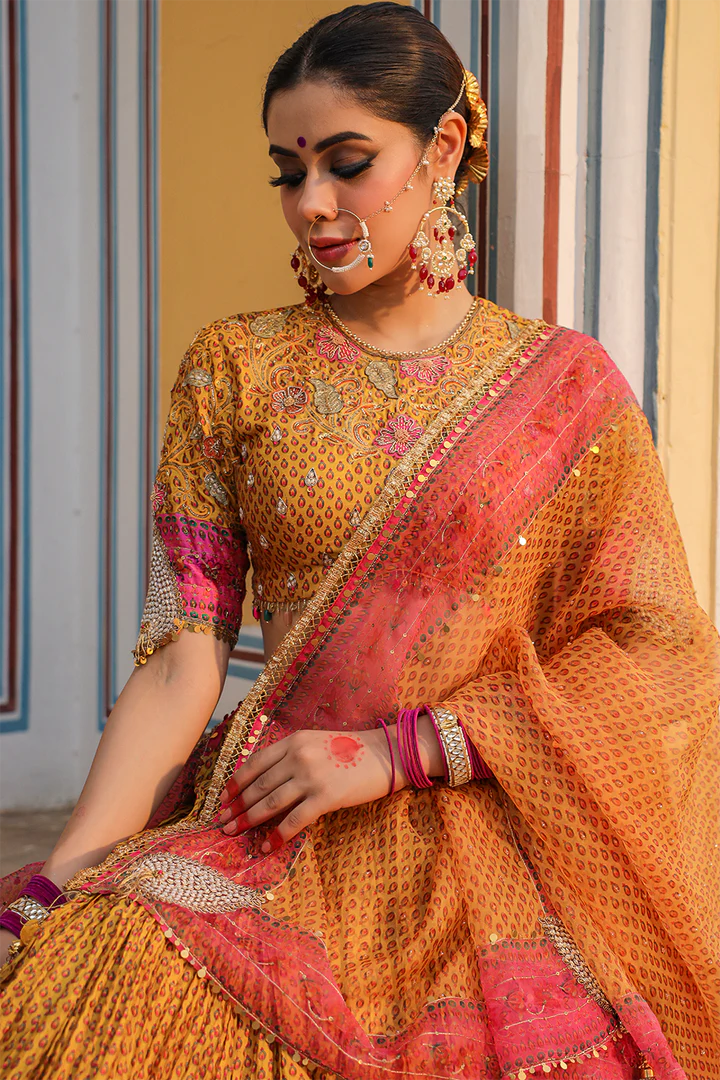 Cheent Print Floral Applique Crushed Lehnga