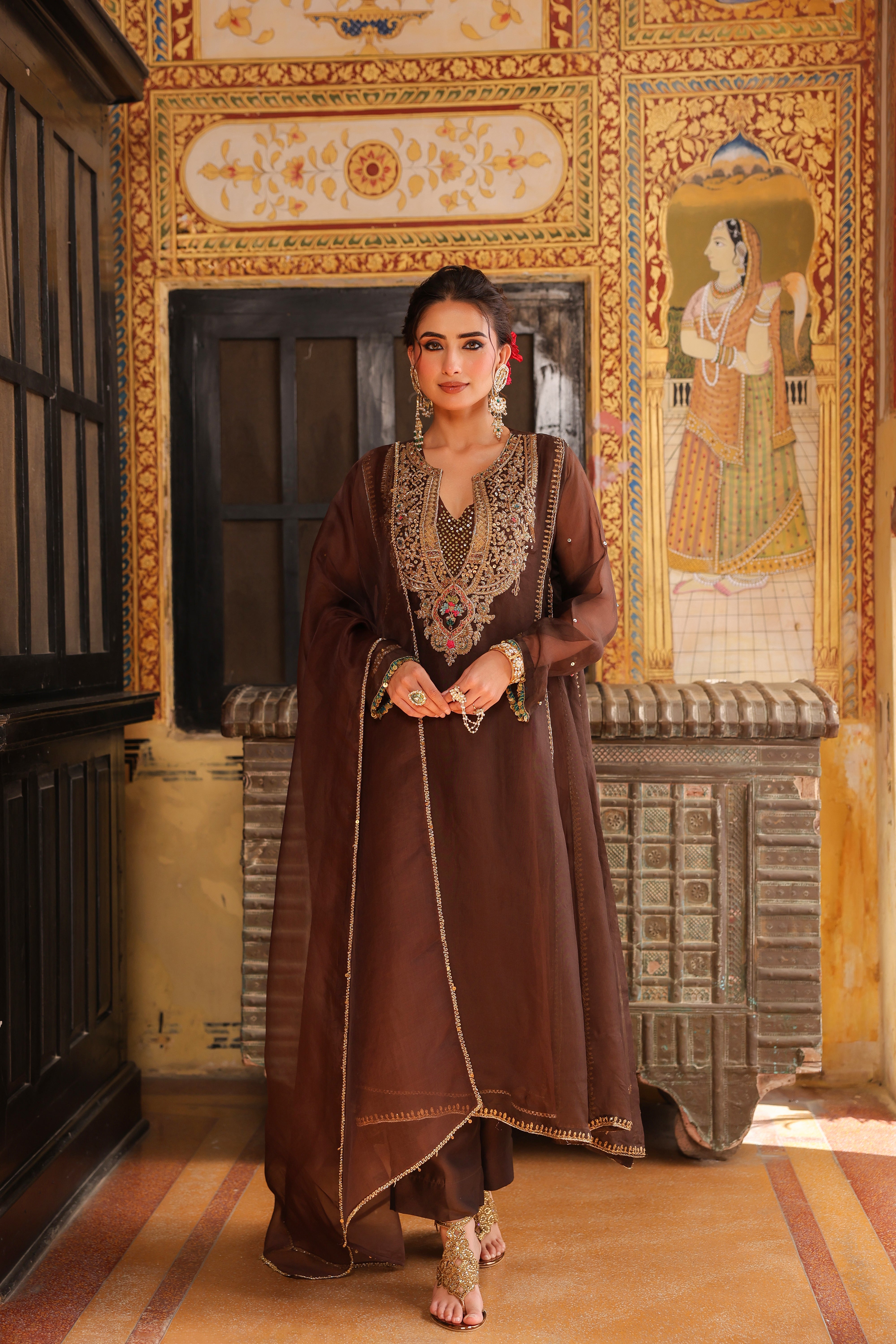 Ahista Brown Pakhi Yoke Pheran Long Kurta Set
