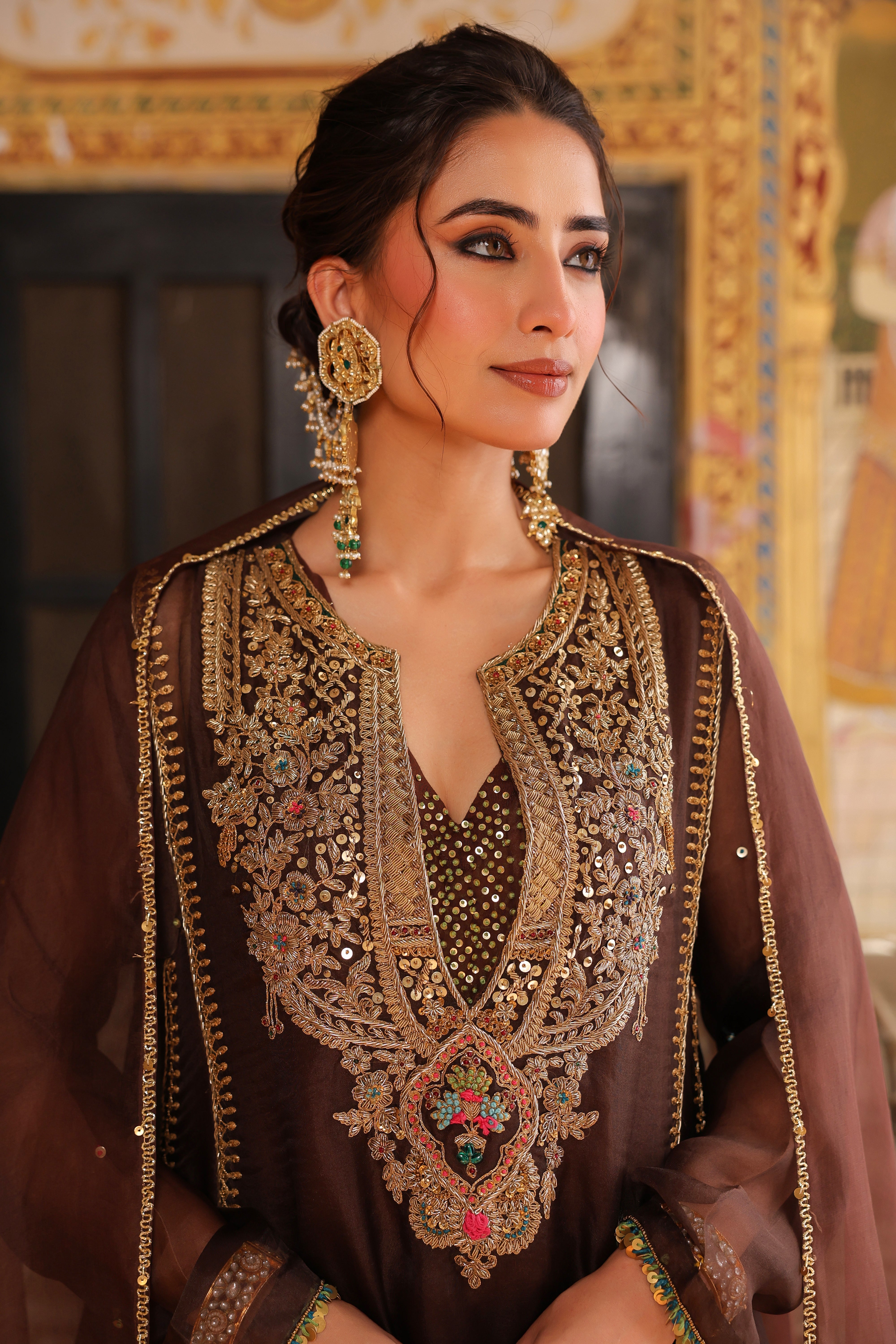 Ahista Brown Pakhi Yoke Pheran Long Kurta Set