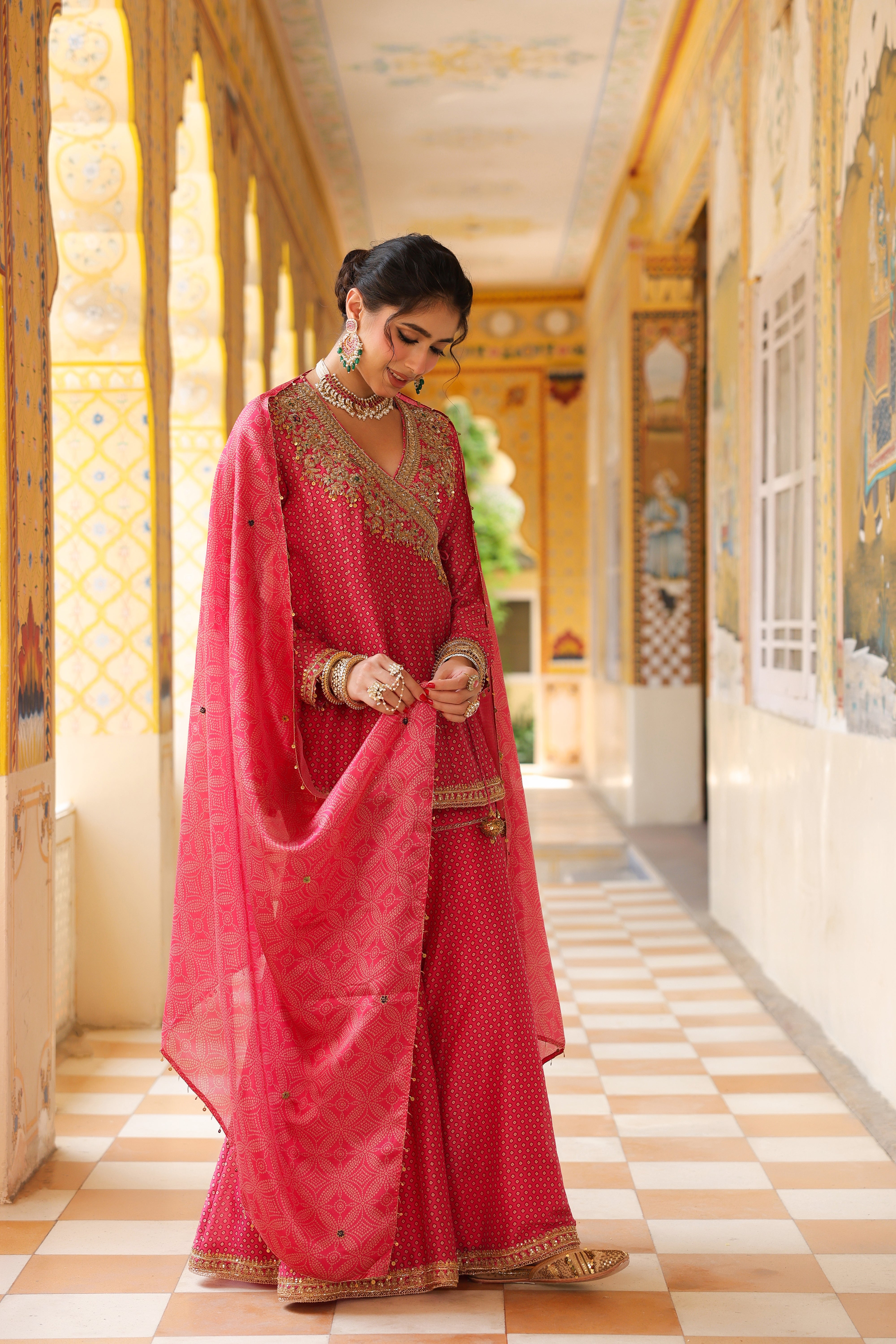 Ahista Pink Printed Angrakha Sharara Set