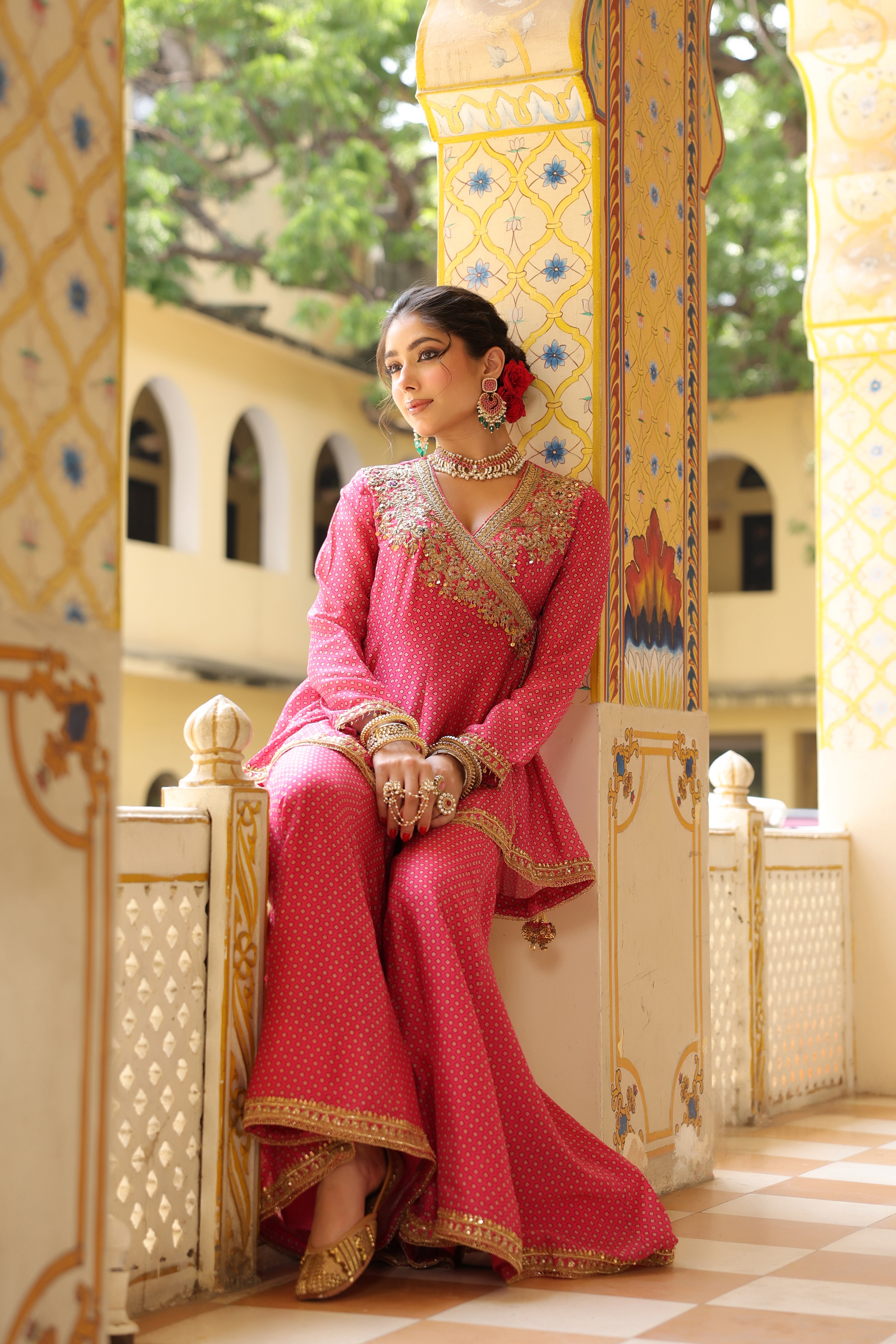Ahista Pink Printed Angrakha Sharara Set