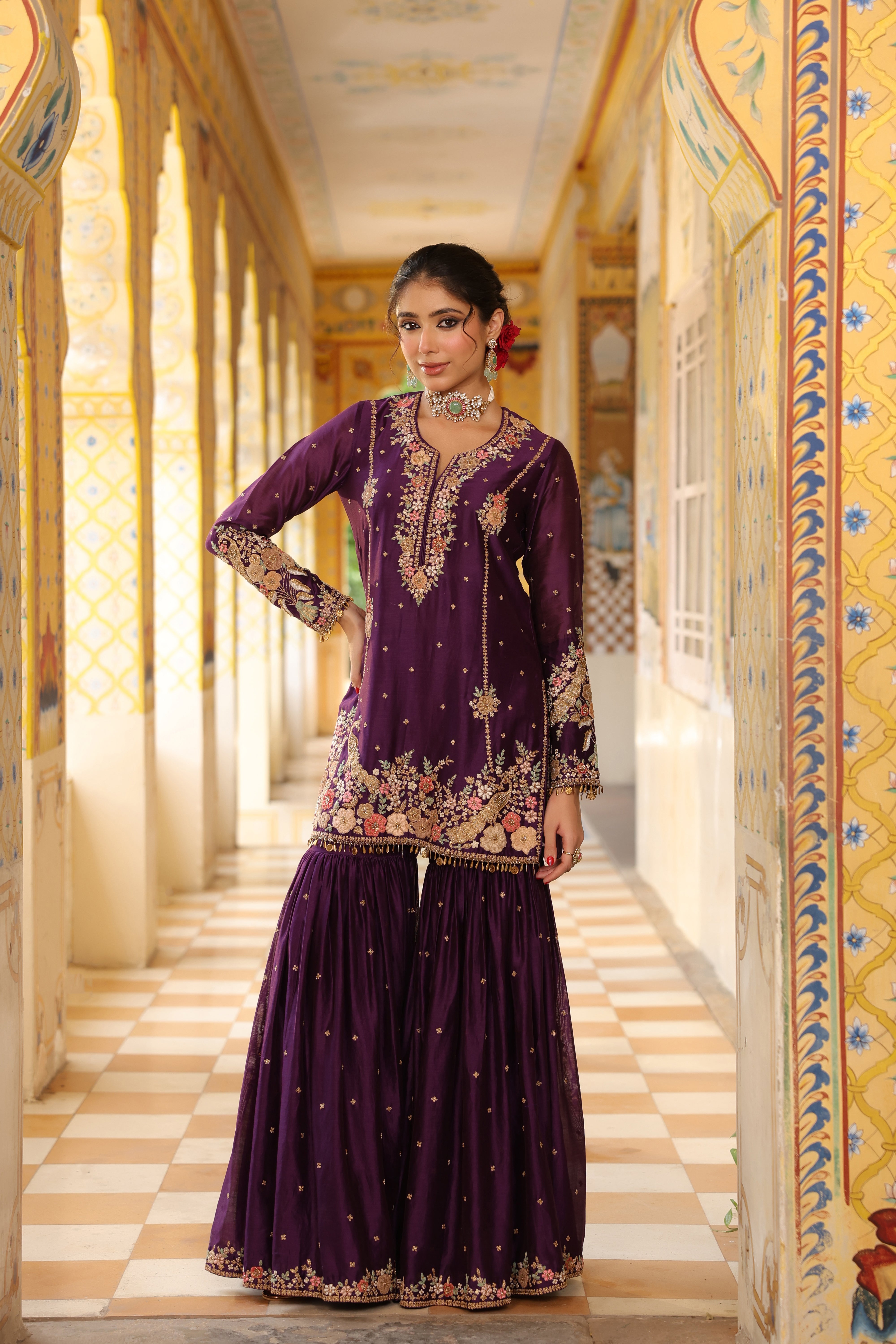 Ahista Purple Mayur Applique Heavy Sharara Set