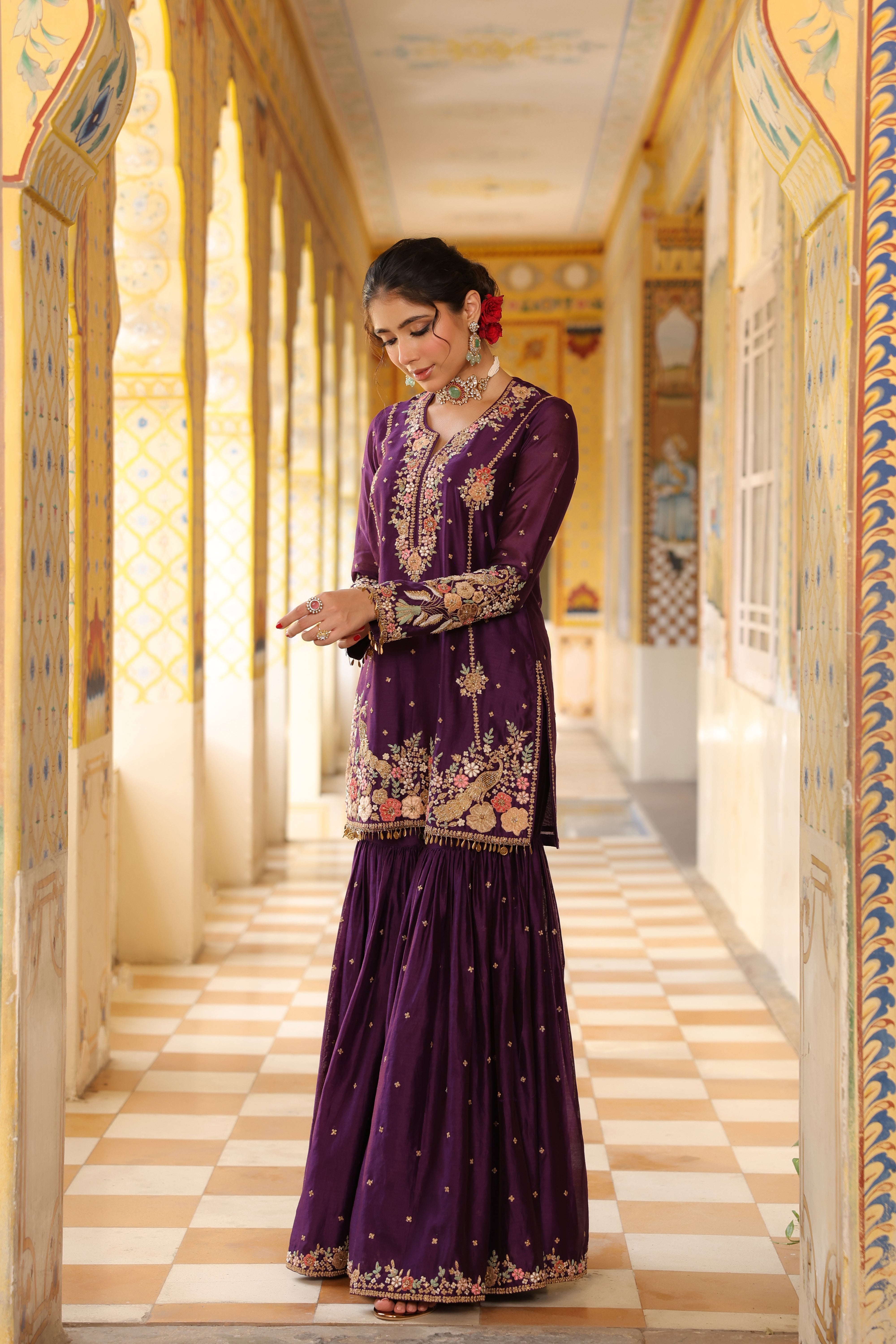 Ahista Purple Mayur Applique Heavy Sharara Set