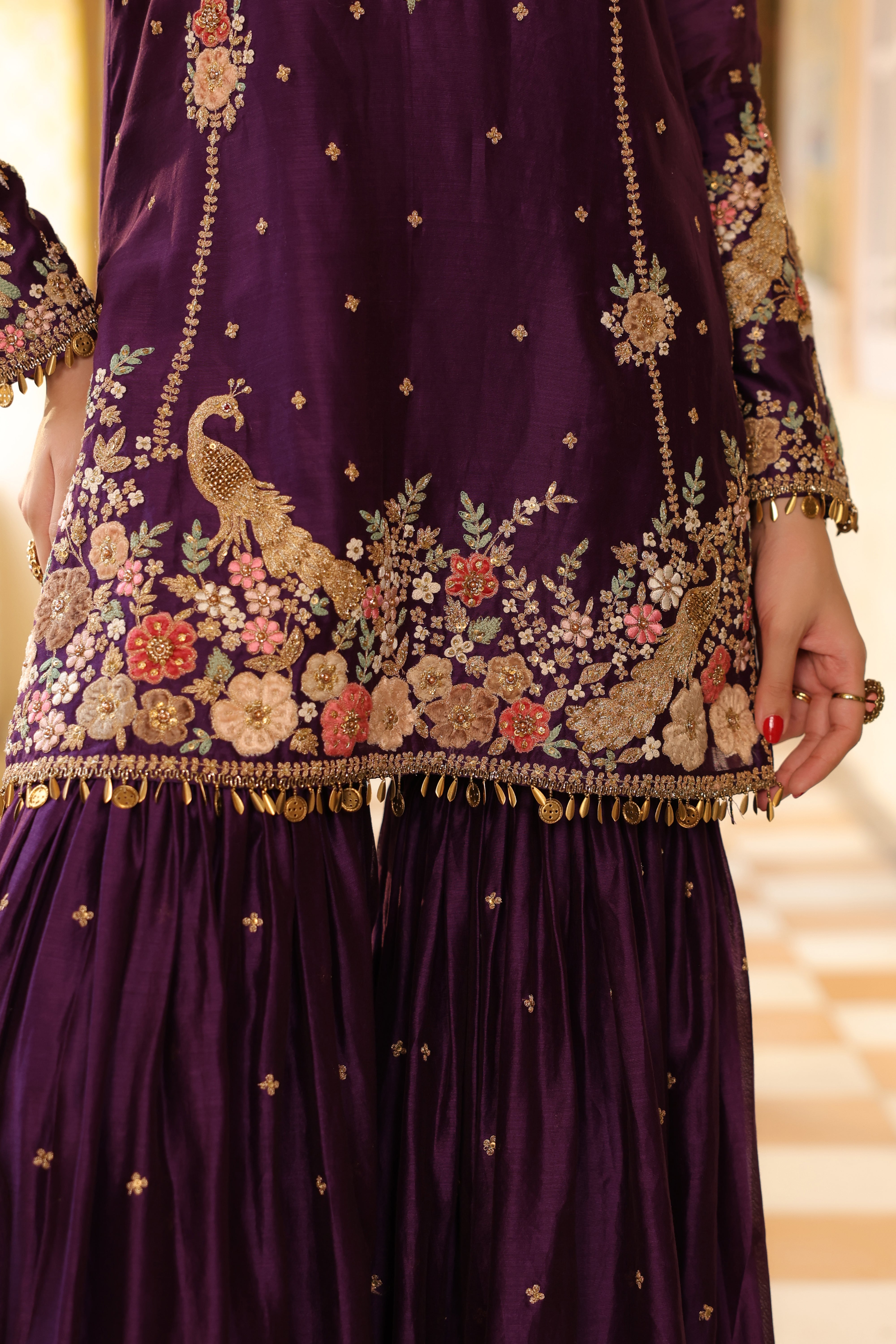 Ahista Purple Mayur Applique Heavy Sharara Set