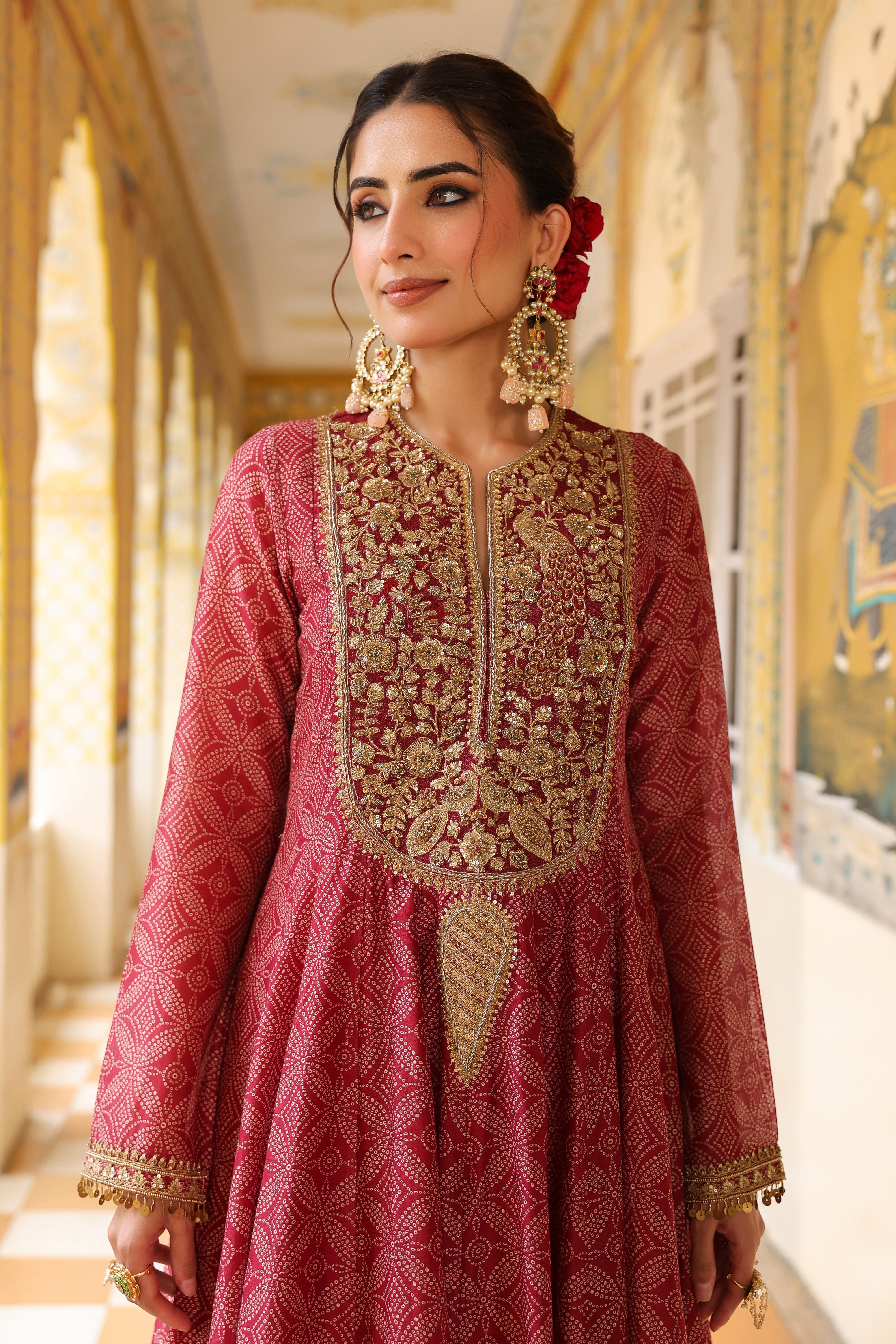 Ahista Maroon Printed Kalidar Set