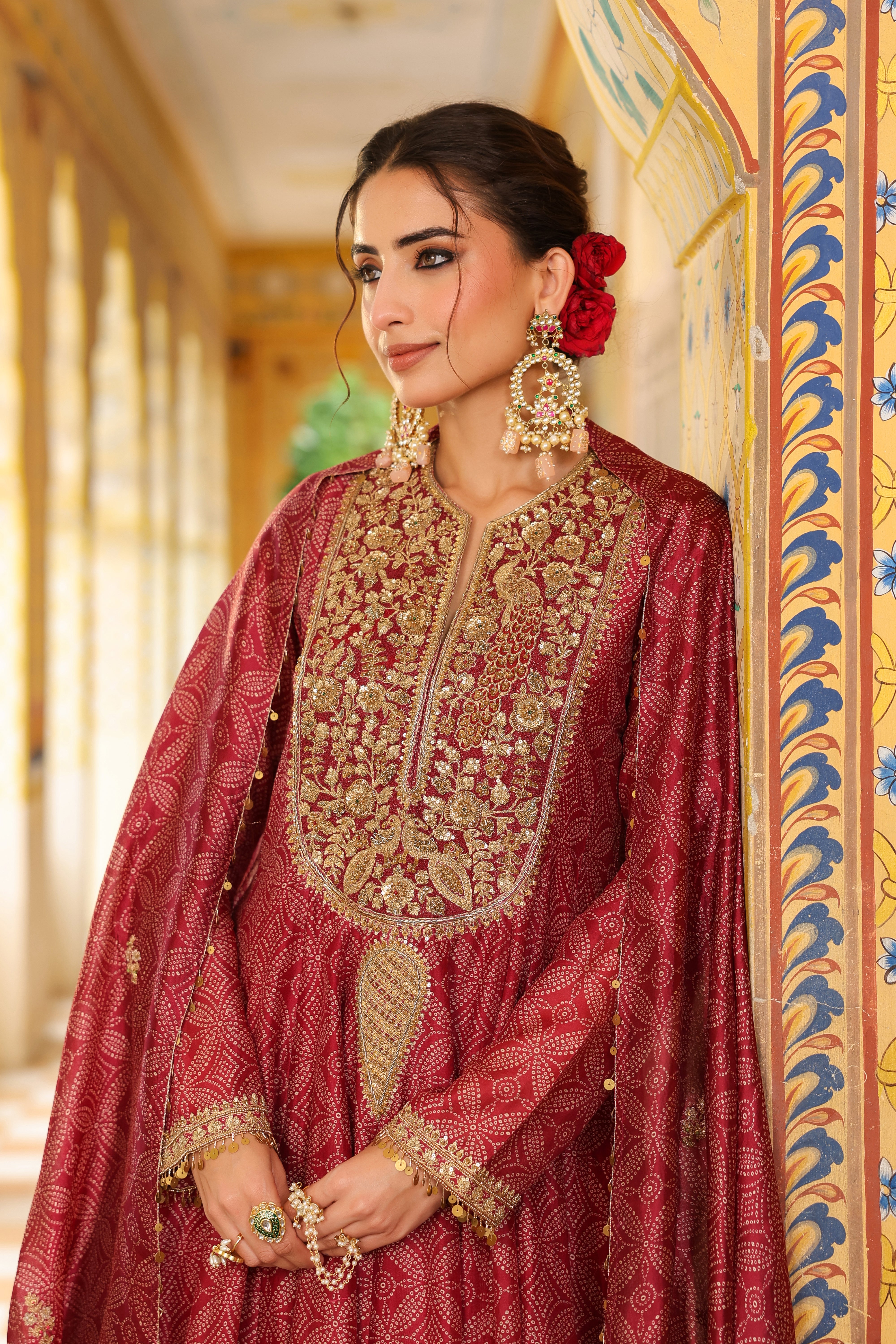 Ahista Maroon Printed Kalidar Set