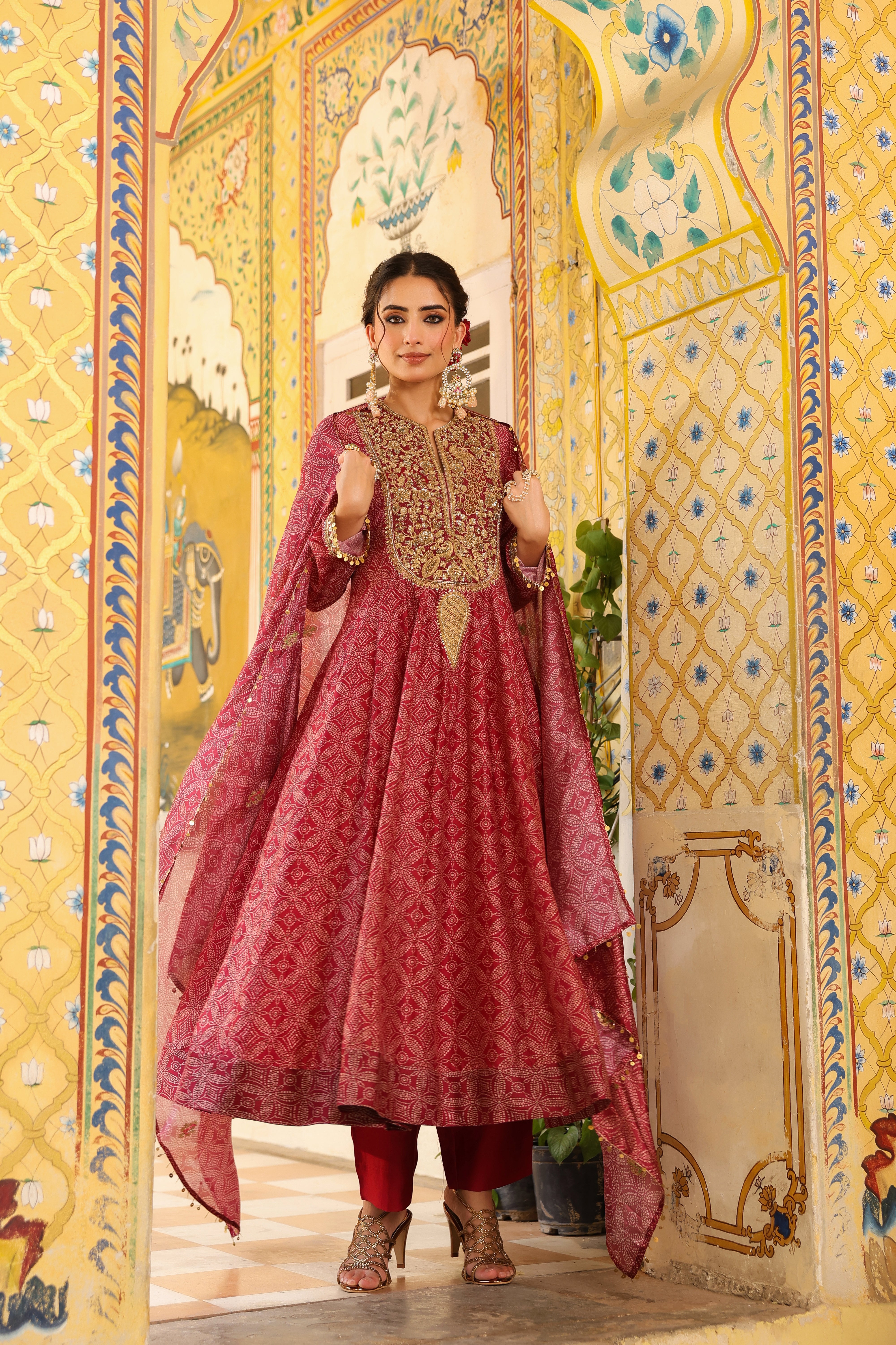 Ahista Maroon Printed Kalidar Set