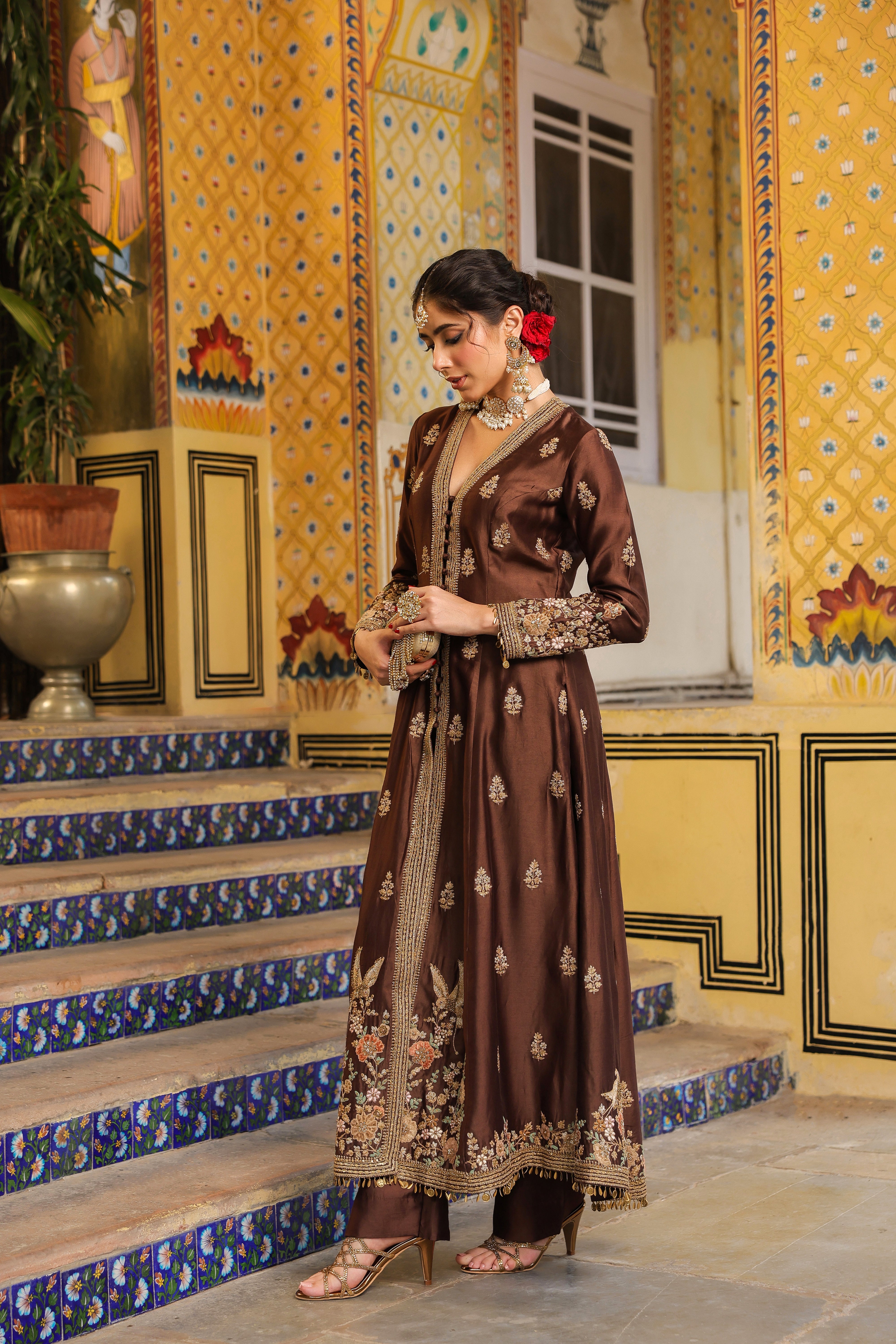 Ahista Brown Jacket Anarkali Set