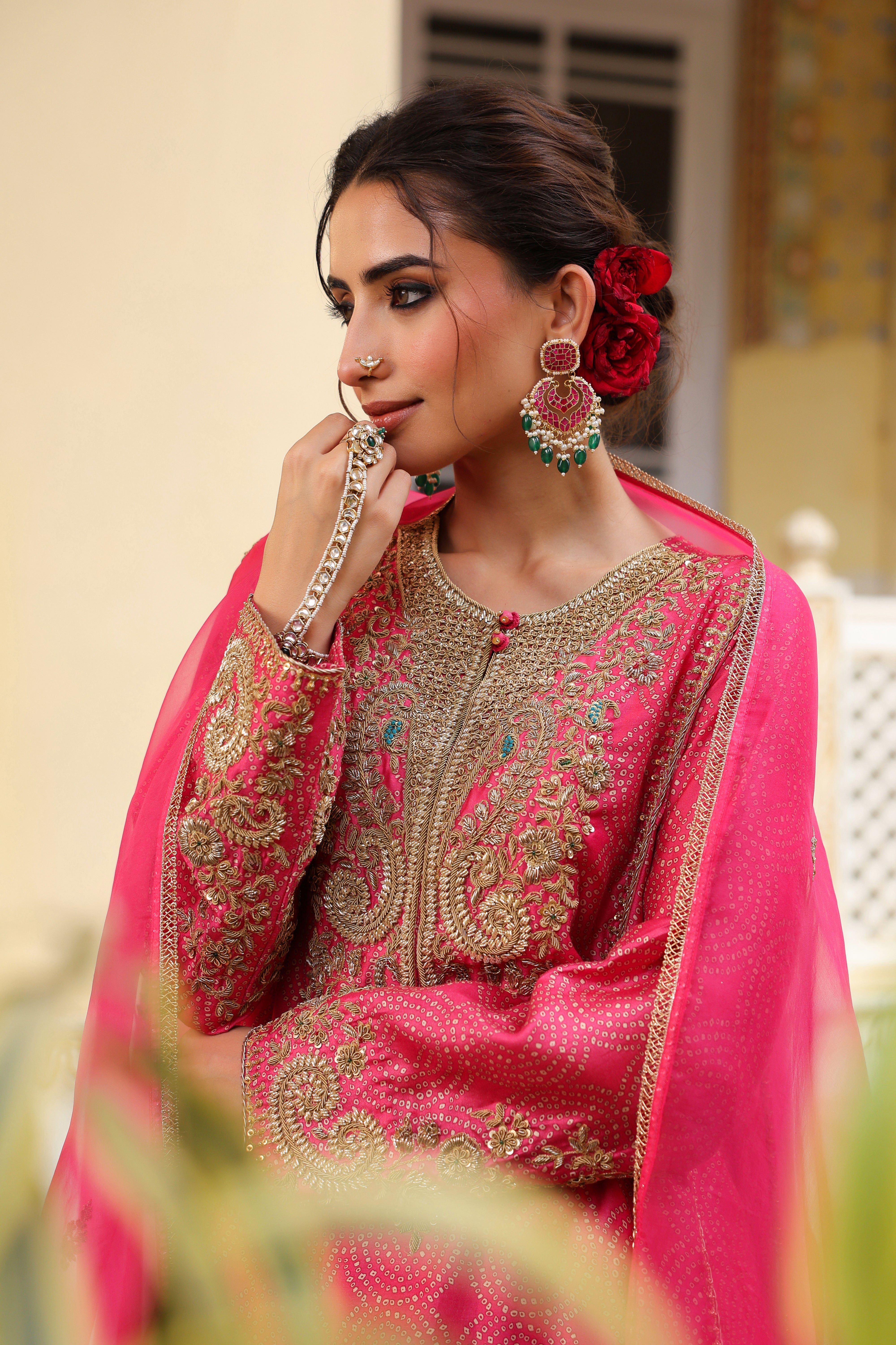 Ahista Pink Printed Pheran Short Kurta Set