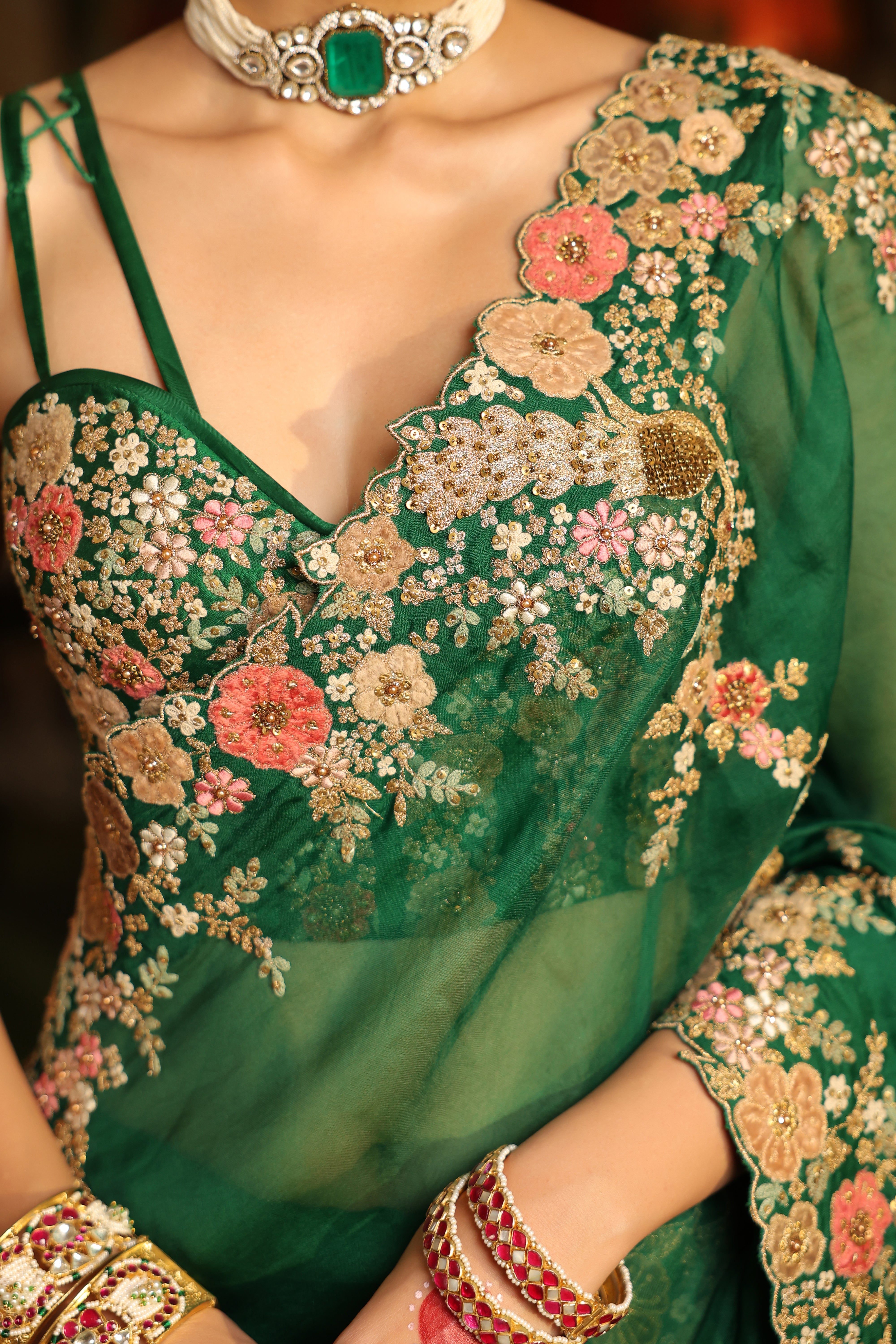 Ahista Green Mayur Applique Cutwork Saree Set